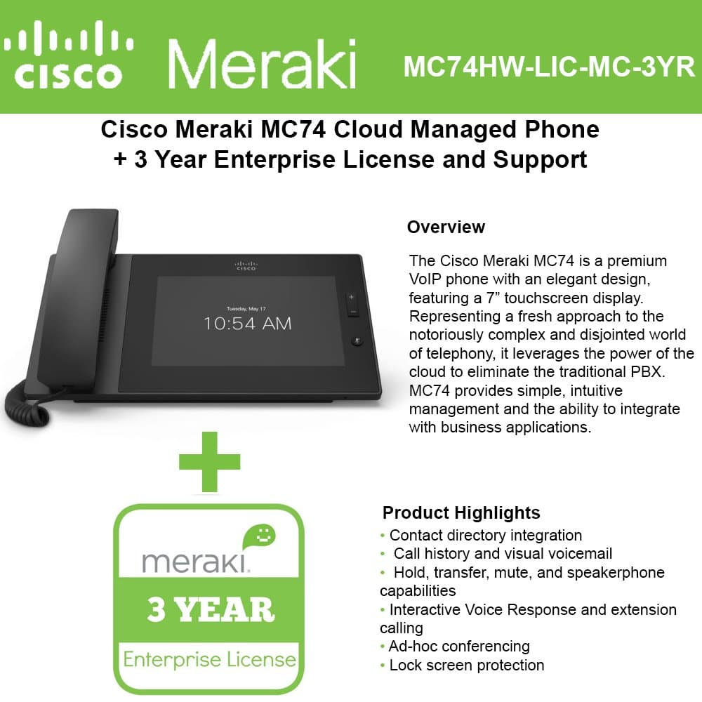 Cisco Meraki MC74 VoIP Cloud Managed Phone Bundle with 3 Years MC Series Cloud License