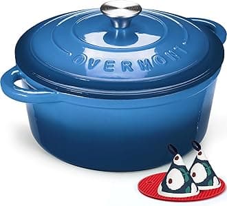 Overmont 6.6L Enamelled Cast Iron Round Casserole Pot With Lid Cookbook & Cotton Potholders - Non-stick Dutch Oven Cookware for Braising, Stews, Roasting, Bread Baking - Blue, 28cm