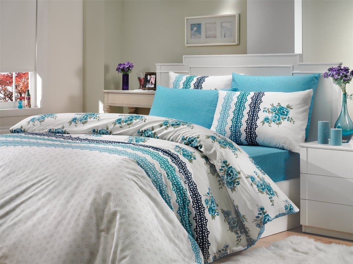 Luxury Bedding Set with Fitted Sheet [King Size] - 100% Turkish Cotton, 1 Year Manufacturer Warranty; Camila(Blue) Design; Duvet Cover + Fitted Sheet + Two Pillow Cases; Ideally packed for Gifting.