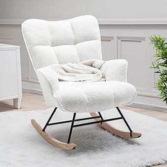 Nursery Rocking Chair Teddy, Upholstered Glider Rocker with High Backrest, Comfortable Stylish Accent Armchair with Padded Seat for Living Rooms, Bedrooms, White