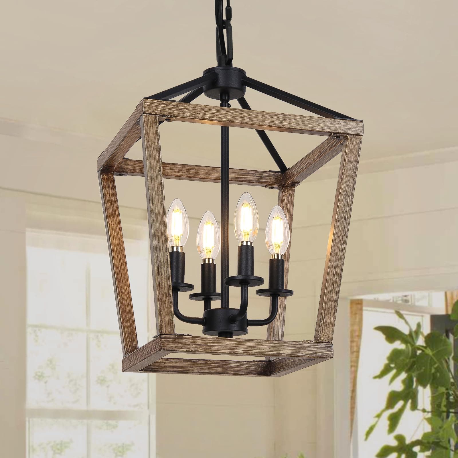 4 Light Farmhouse Chandelier, Rustic Ceiling Light Lantern Pendant Light with Wood Painted Metal Cage and Adjustable Chain, E12 Base Geometric Hanging Light Fixture for Entryway, Kitchen, Dining Room