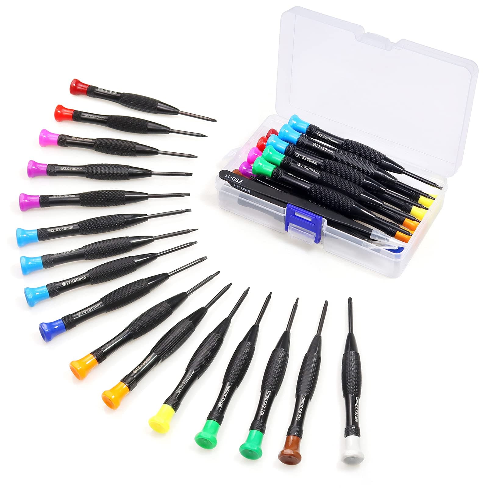 FIXITOK 18 Pieces Torx Screwdriver Mini Magnetic Torx Flathead Phillips Small Tweezers with T2 T3 T4 T5 T6 T7 T8 T9 T10 for Xbox Computer Phone Watch Jewelers