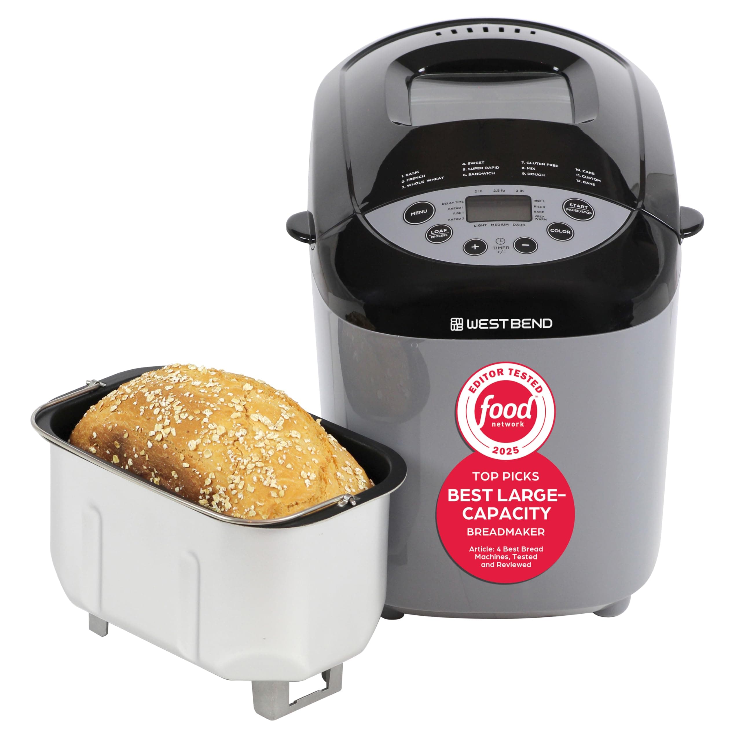 West Bend 47413 Programmable Horizontal Hi-Rise Bread Maker Dual Blade with 12 Programs Including Gluten Free, 3-Pound, Gray