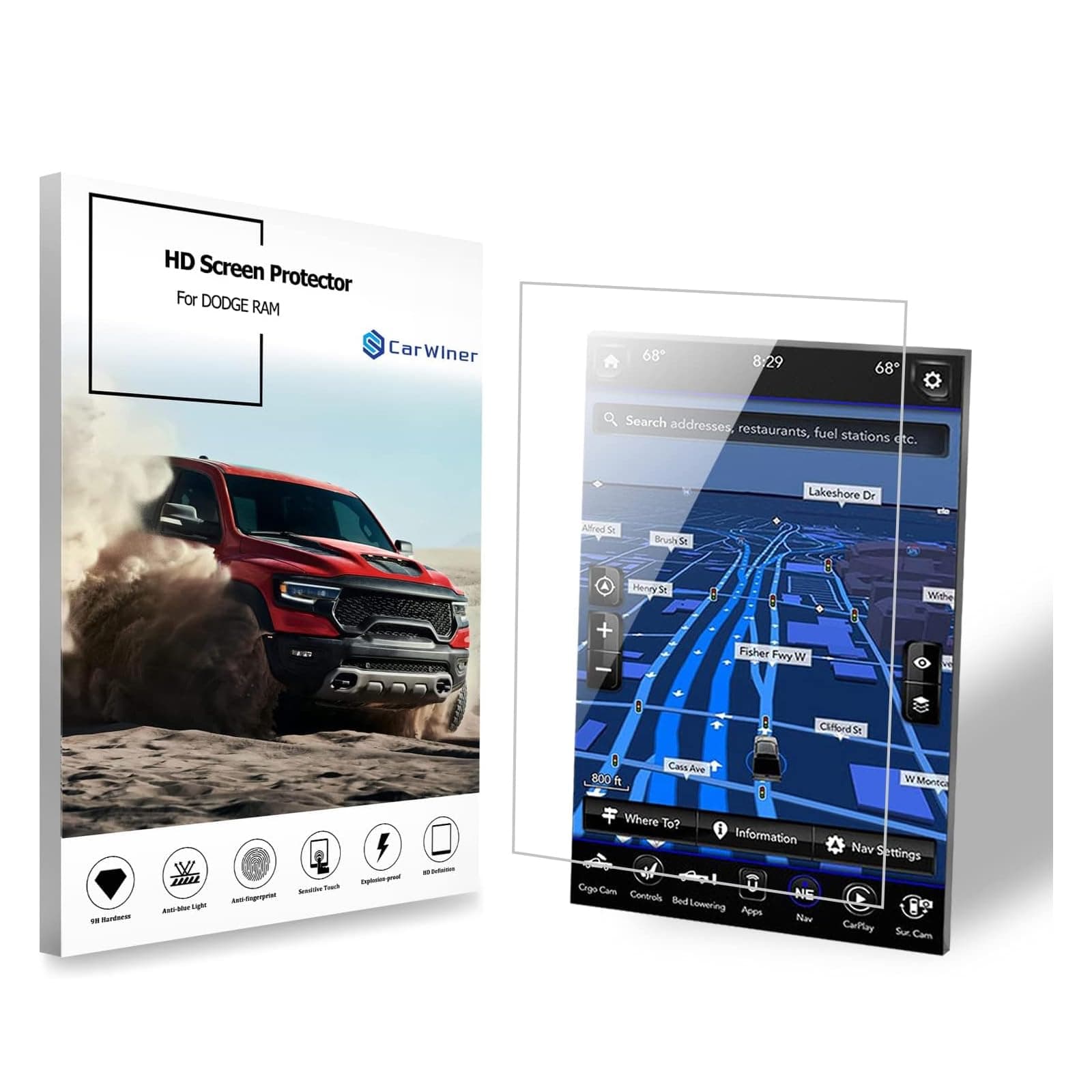 Carwiner Compatible with Dodge Ram HD Screen Protector 12 Inch 2019-2026 1500 2500 3500 Anti Glare Fingerprint Navigation Protection Tempered Glass Accessories (HD)