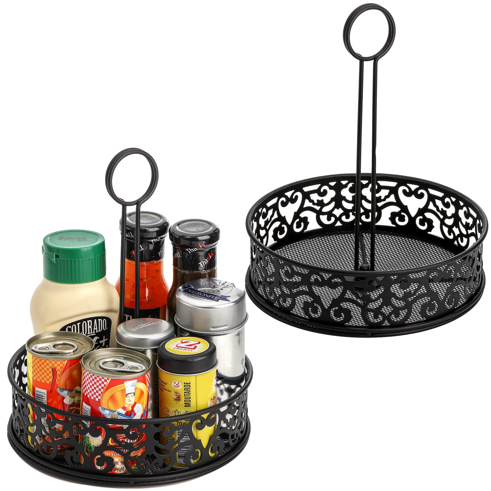 2 Pack Condiment Caddy, Restaurant Table Caddy with Menu Number Card Holder, Metal Black Decorative Carved Tabletop Seasoning Organizer for Grill Outdoors, Kitchen Cabinet, Camping