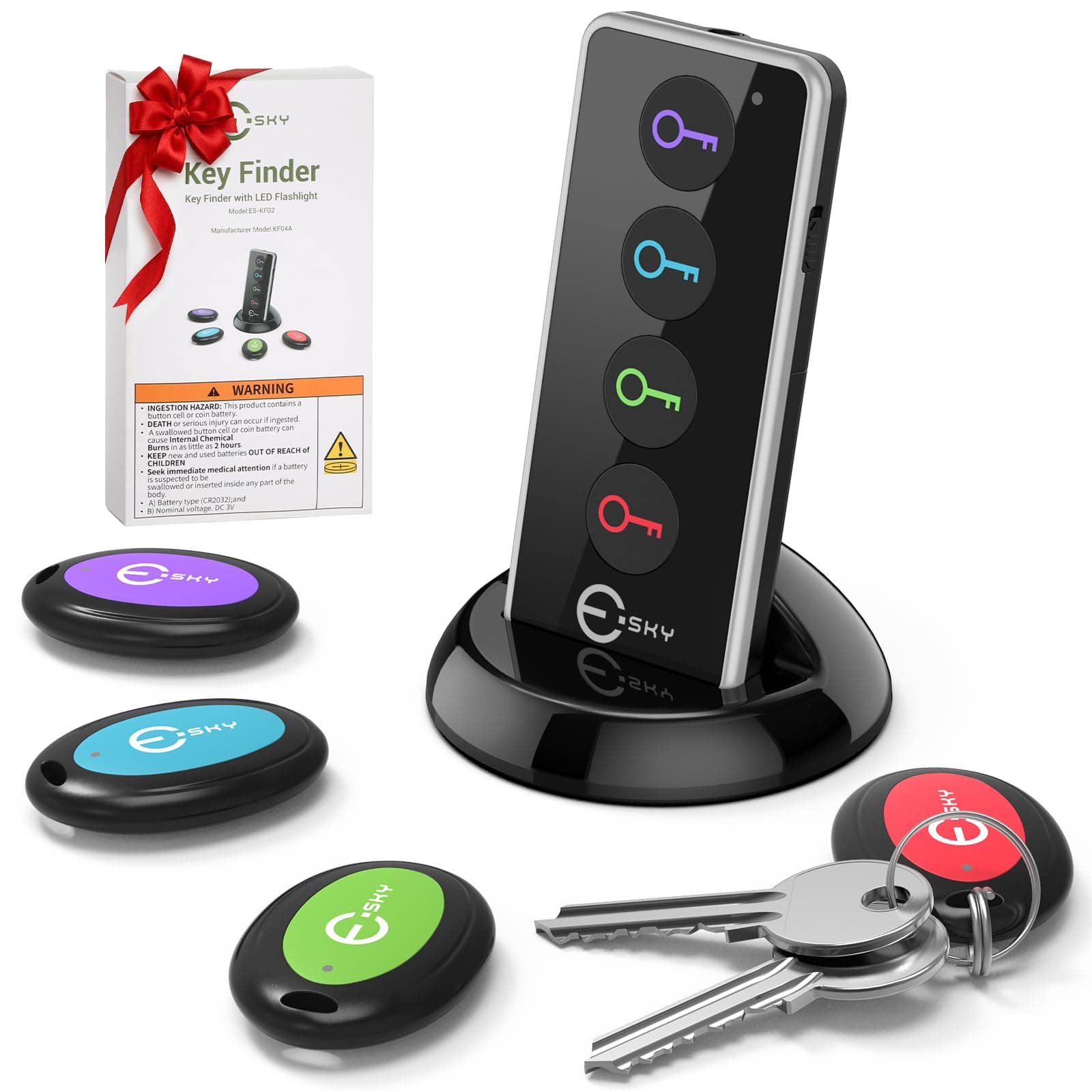 Key Finder, Esky 4 in 1 Wireless Key Tracker Remote Control RF Item Locator with LED Flashlight and Base Support for Keys, Dogs, Cats, Wallet, Cell Phone, Best Gifts