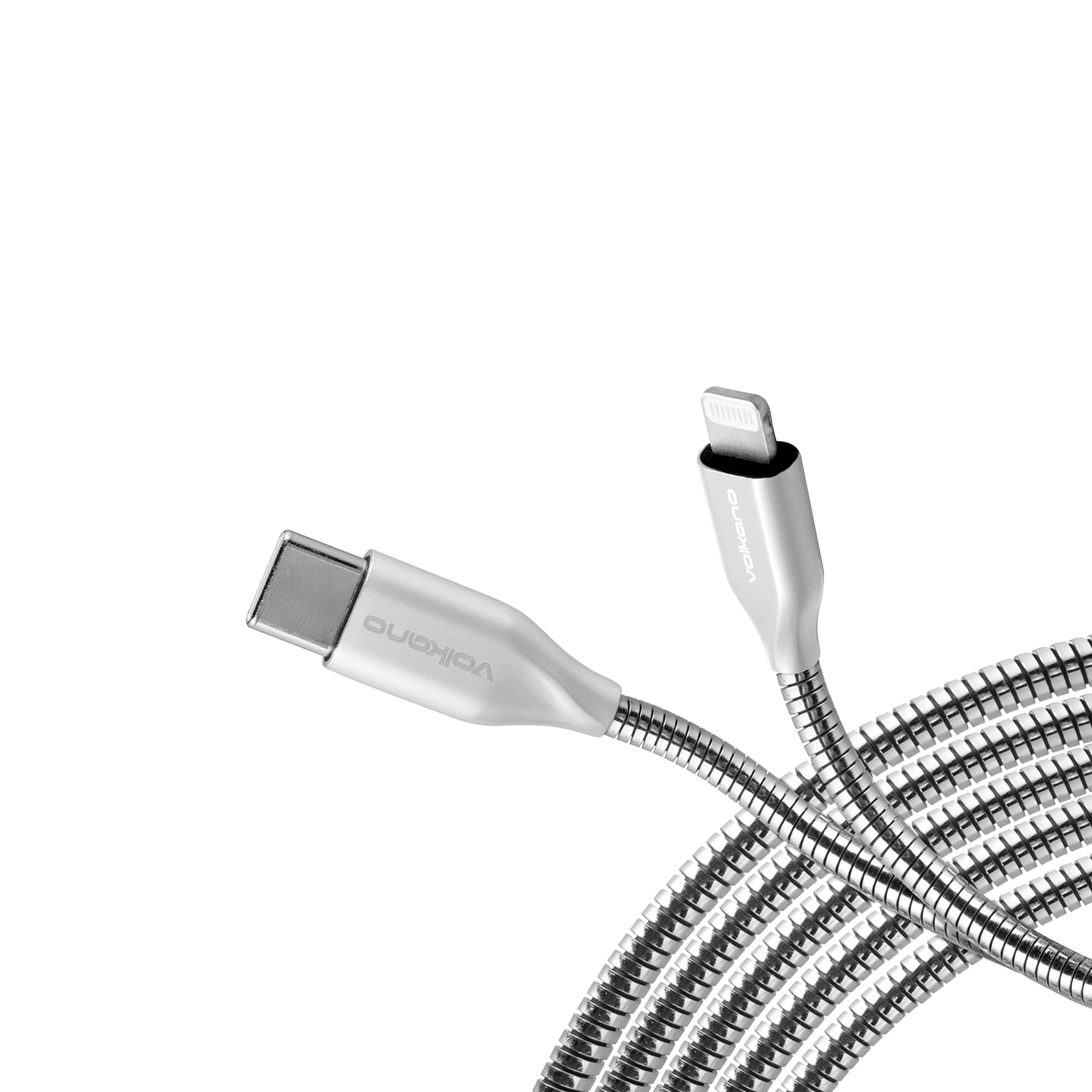 Volkano 6Ft Type-C to MFI USB Charge Cable, 30 Watts Fast Charging Speed, 0.5 GBps Data Transfer Rate, Strong Metallic Reinforced Cable, Compatible with iPod/iPhone/iPad [Silver] Iron Series