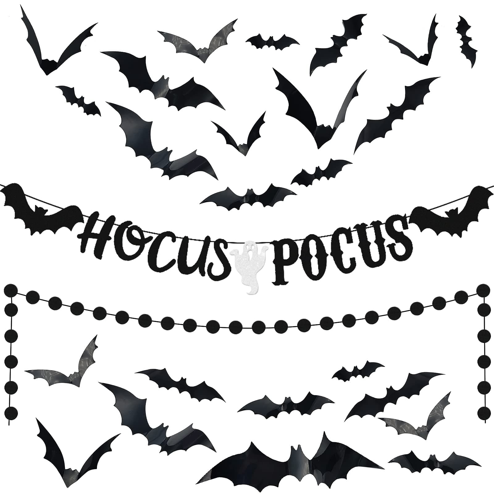 Glittery Hocus Pocus Ghost Bat Banner Hocus Pocus Decor Black Circle Dots Garland 24 Pieces 3D Bats for Haunted House Indoor Outdoor Halloween Birthday Party Decorations Supplies Favors