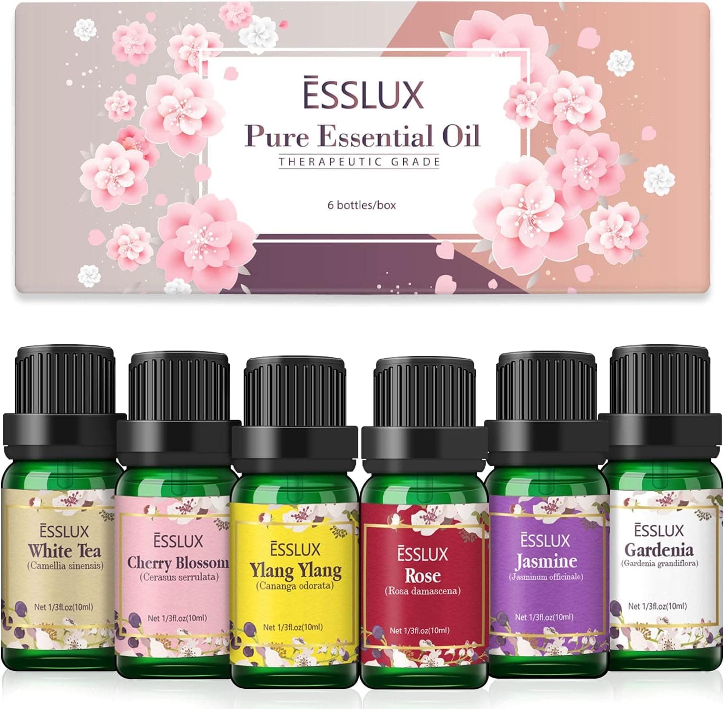 Floral Essential Oils, ESSLUX Pure Aromatherapy Diffuser Oils Set, Rose, Ylang Ylang, Jasmine, Cherry Blossom, White Tea, Gardenia Essential Oils for Diffuser, Massage & Candle Soap Making, 6x10 ML