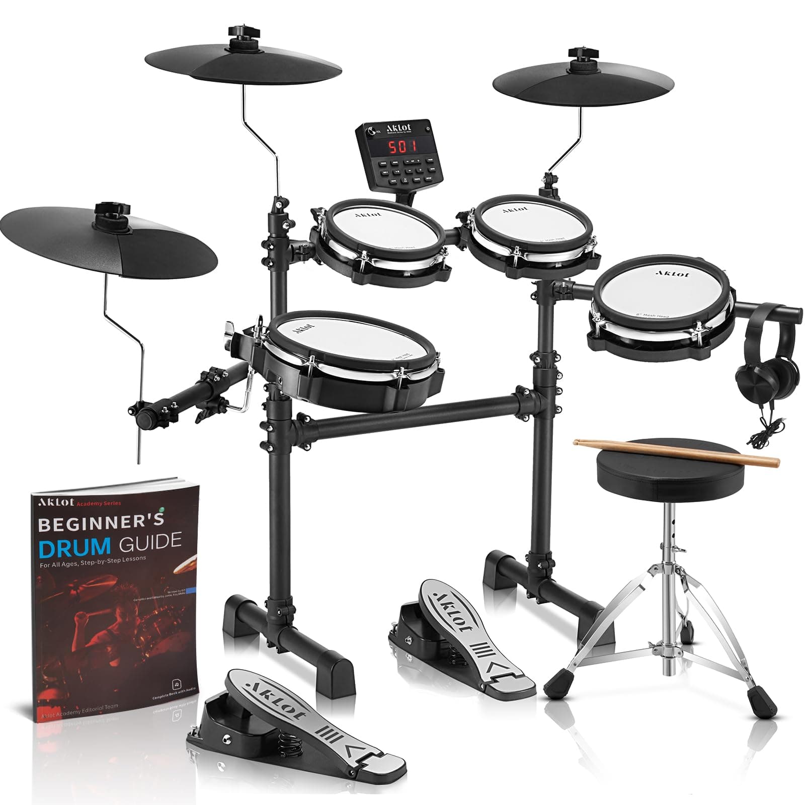 B-CORE530 Electric Drum Set: Dual-Zone Quiet Mesh Drum Pads, 10’’ Dual-Trigger Cymbals, Height-Adjustable Rack, 360 Sounds, USB MIDI, Lesson Book, Throne, Sticks, Headphones