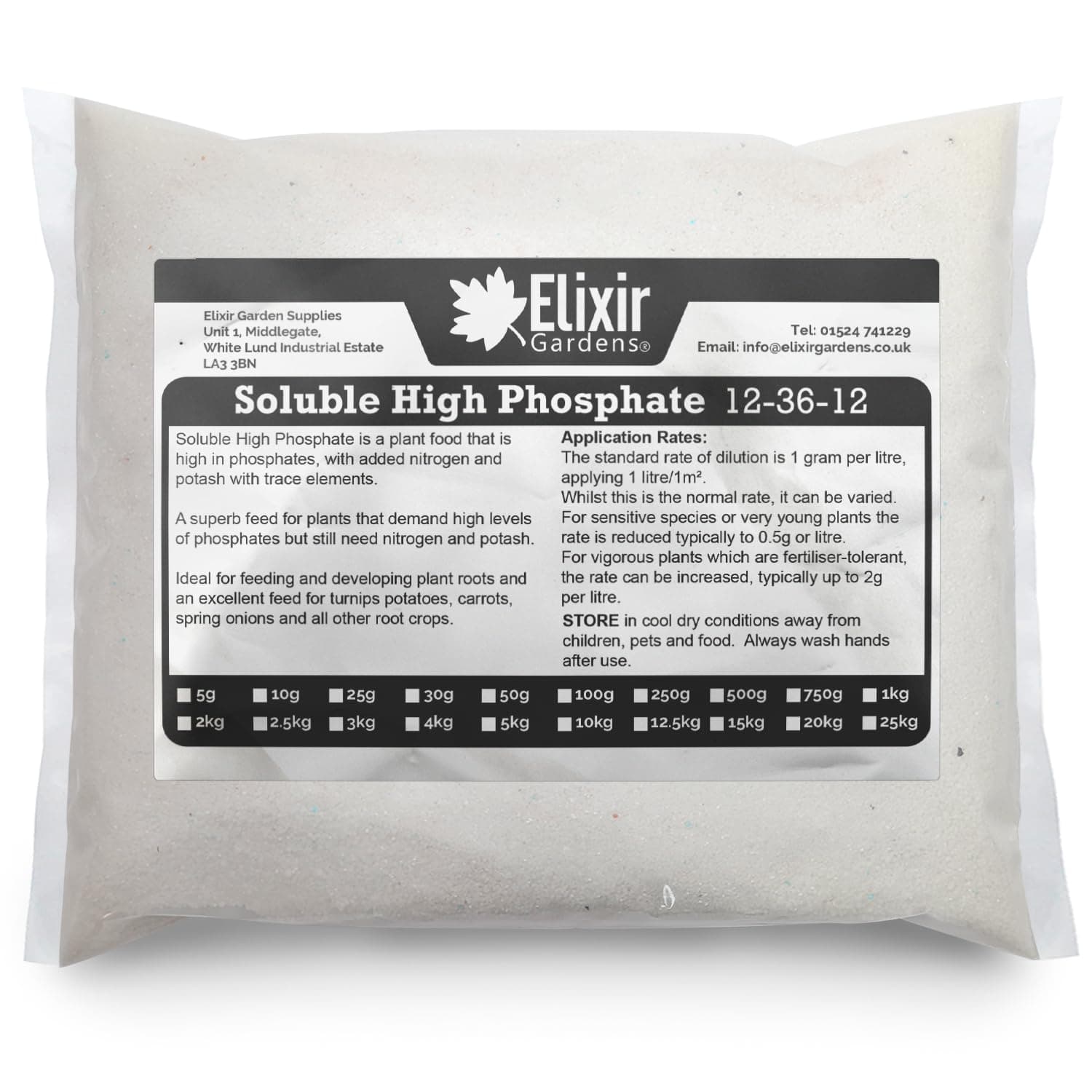 Elixir Gardens High Phosphate Soluble plant food with trace elements VArious Sizes 100g-25kg NPK 12-36-12+TE | 1kg Bag | Makes 1000L of liquid feed