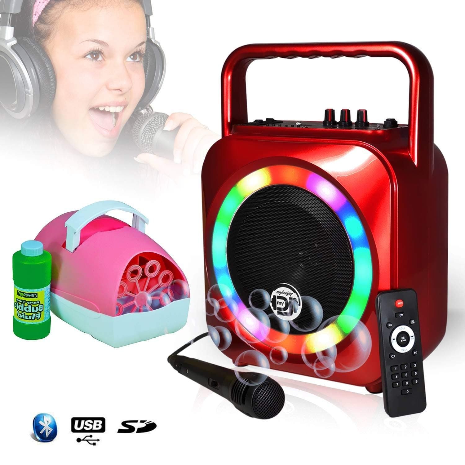 Red Karaoke Mobile Speaker 200 W 8 "with Multi-Coloured LED Lights USB/SD/BT + Mic + Bubble Machine