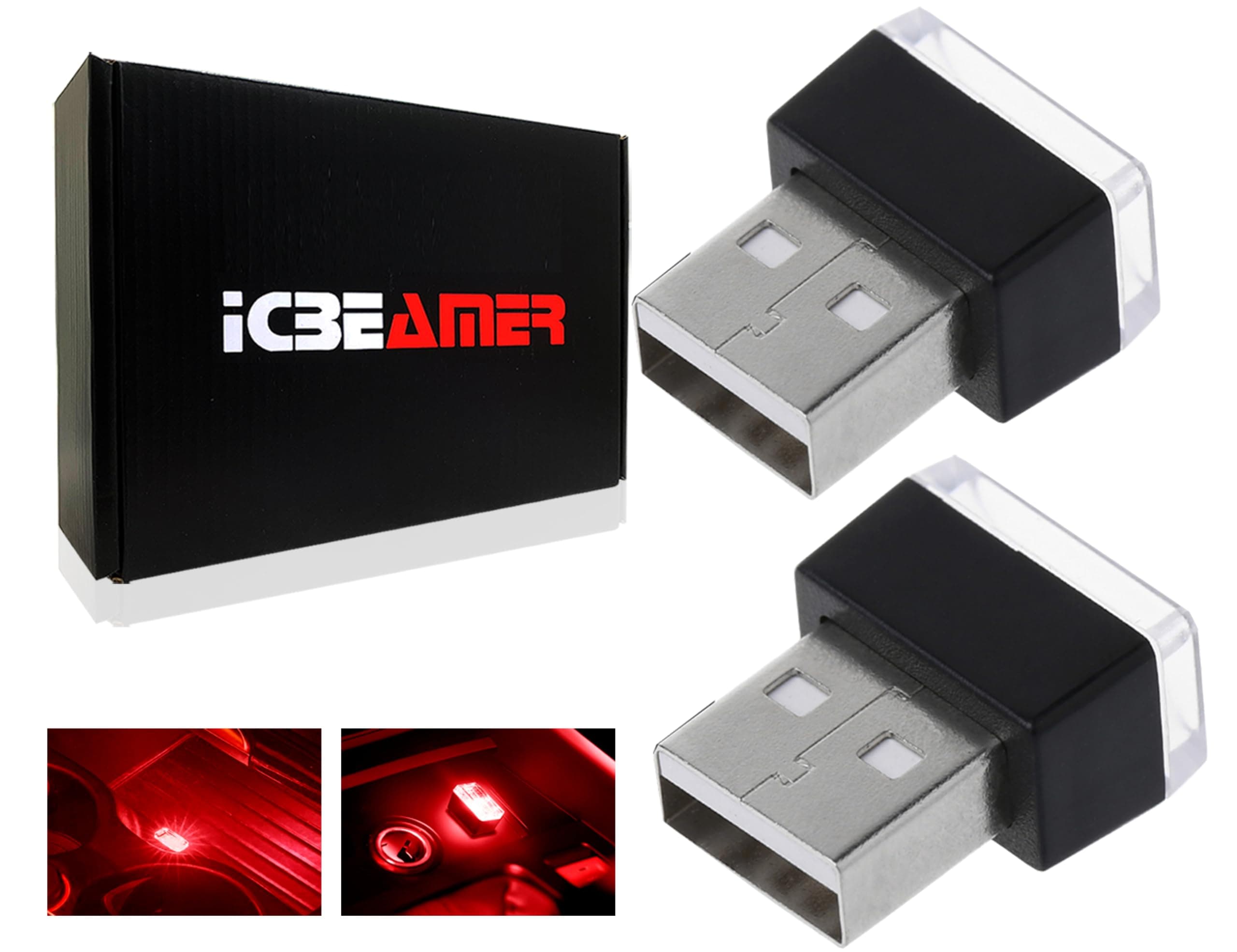 ICBEAMER USB Type-A LED Night Light 2-Pack (Red) | Plug-in Universal Fit Automotive Accessory for Car Interior and Trunk Ambient Atmosphere Lighting