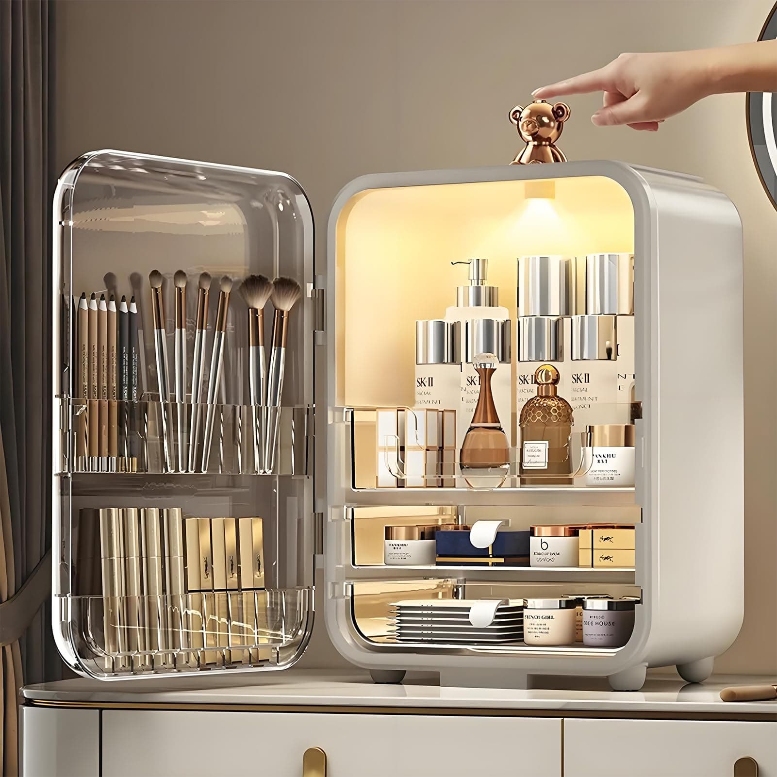 Cosmetics Storage Box with LED Light and Mirror,Makeup Display Case with Two Drawer Storage Box and Brush Storage, Large Capacity SkinCare Organizers for Bathroom Countertop,Bedroom Vanity Desk