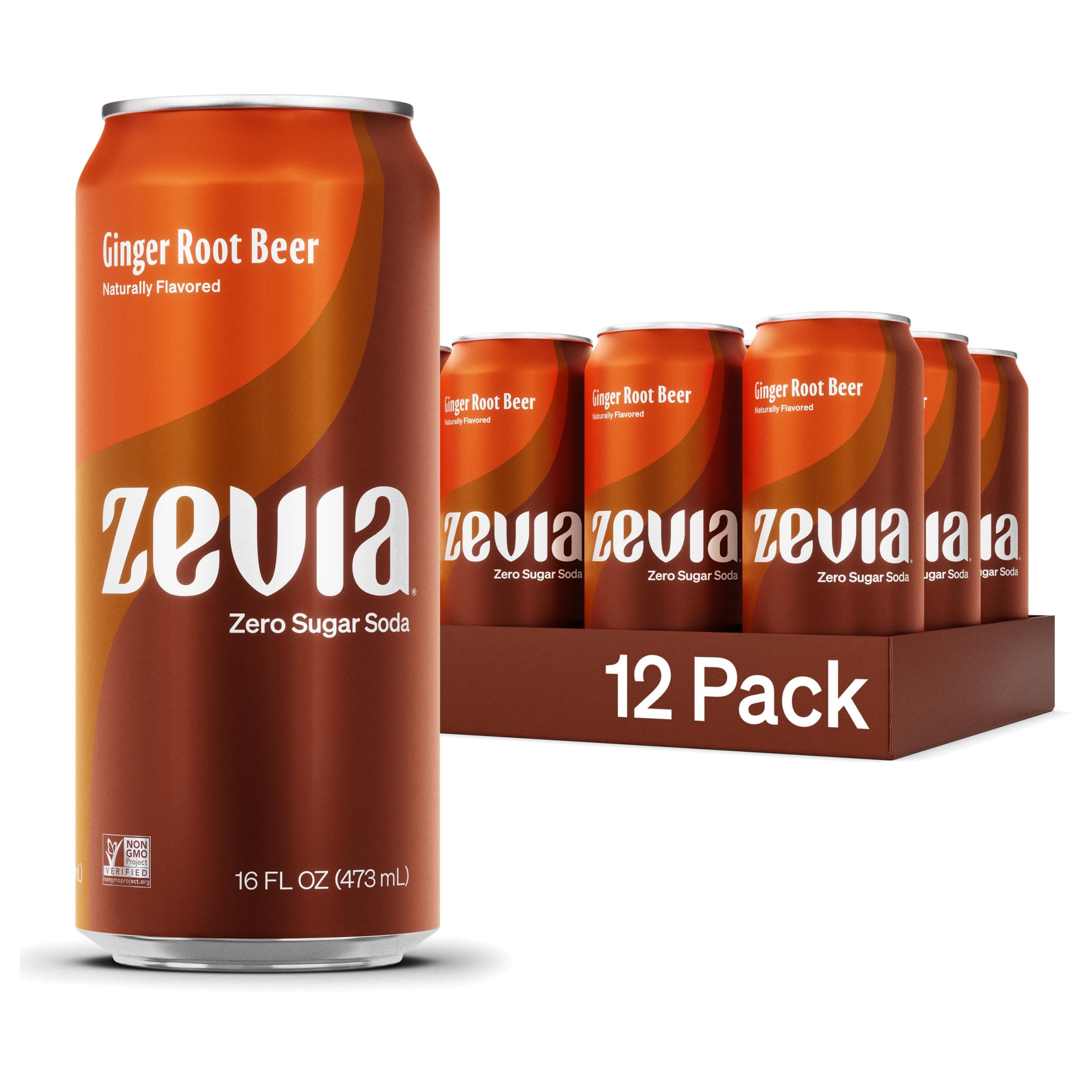 Zevia Zero Sugar Soda, Ginger Root Beer, 16 oz Cans (12-Pack) – Naturally Sweetened, Non-GMO Project Verified, Gluten-Free, Vegan