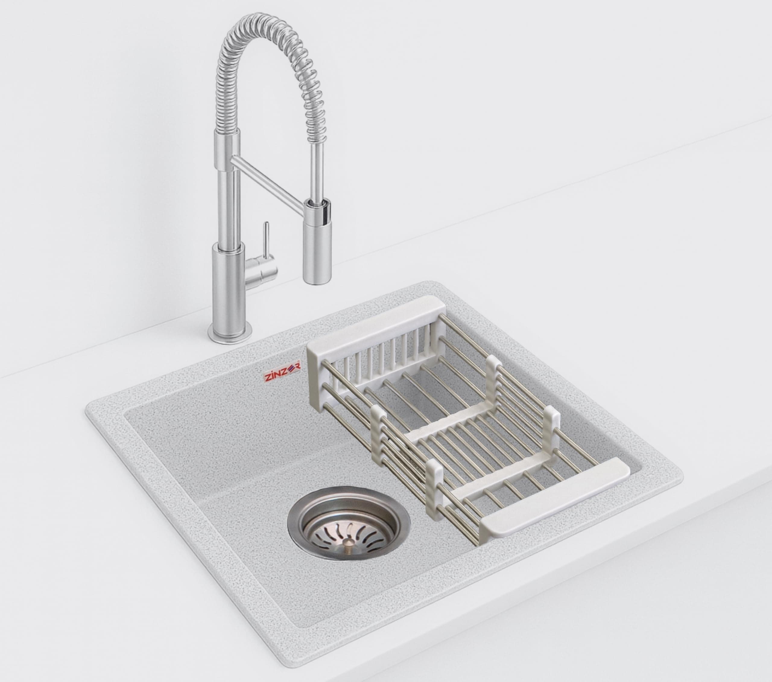 Quartz Sink for Kitchen in Metallic finish | German Engineerd Single Bowl Granite sinks | Kitchen Sink with Drain Coupling, Hose Pipe and Drainer Basket (Granular Grey - 18x16 Inches)