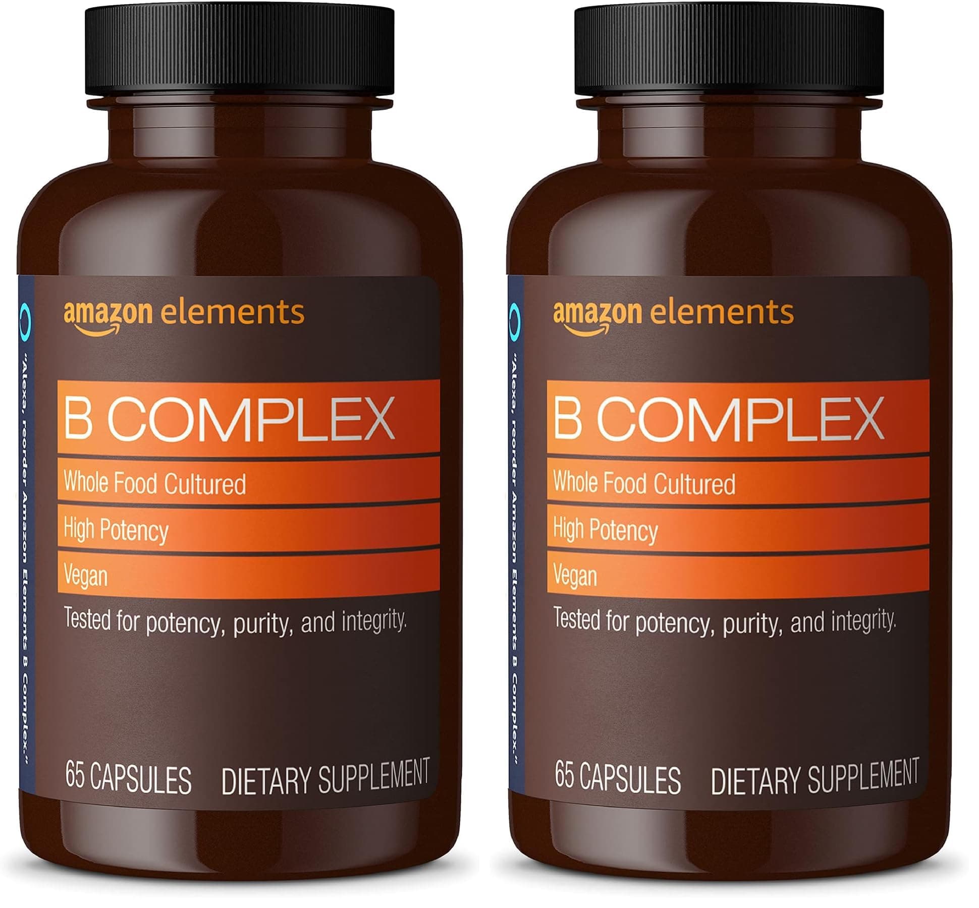 Amazon Elements B Complex, High Potency, 83% Whole Food Cultured, Supports Immune and Normal Energy Metabolism, Vegan, 2 Month Supply (Packaging May Vary),65 Capsules (Pack of 2)