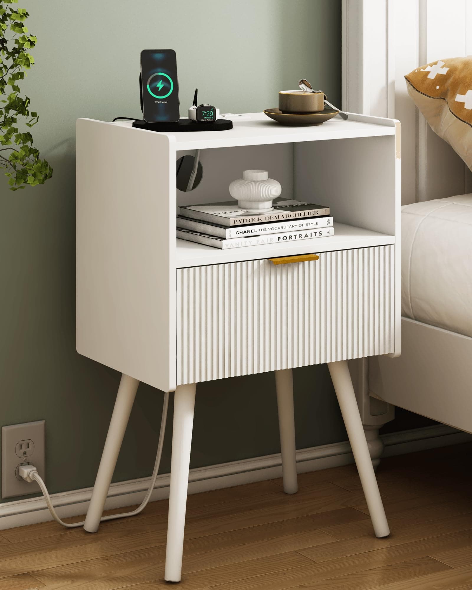 White Nightstand with Outlet,Modern Bedside Table with Storage Drawer and Open Wood Shelf, for Living Room, Bedroom and Small Spaces, Accent Night Stand with Solid Wood Legs, Easy Assembly