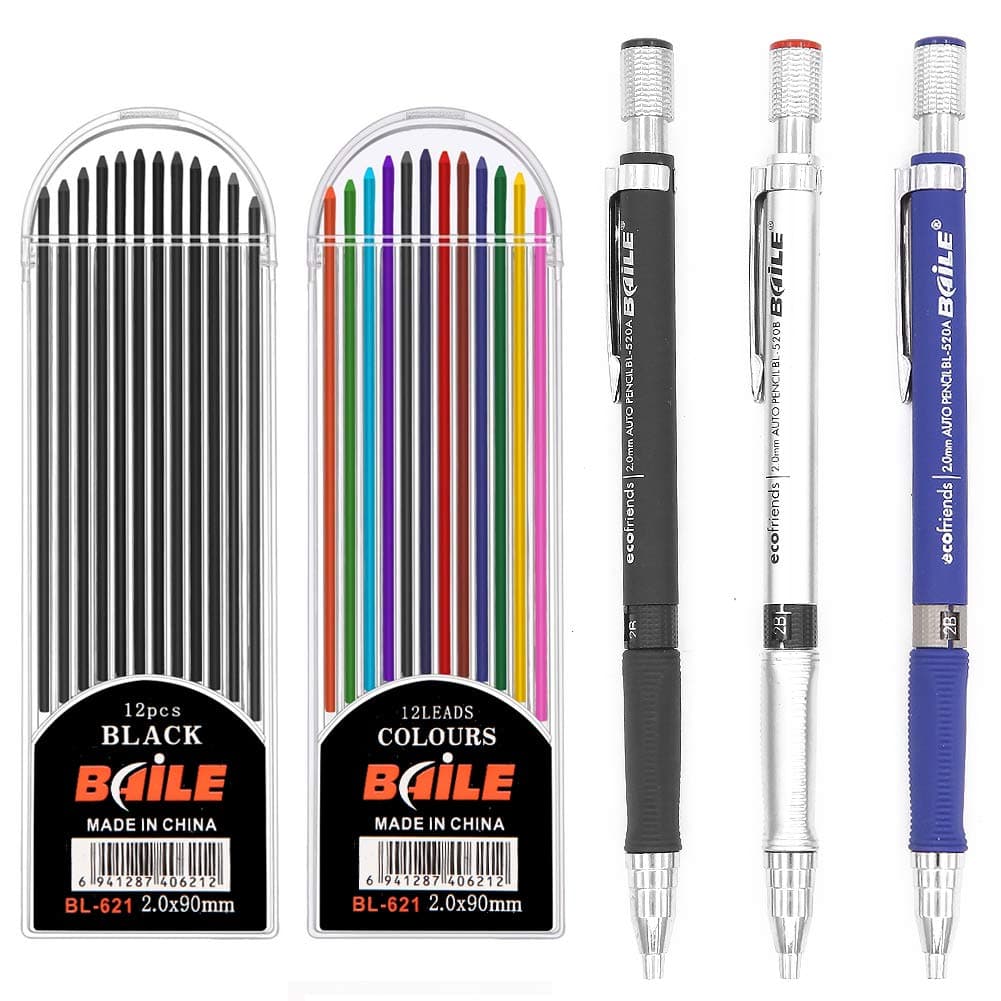 3 Pieces 2.0 Mm 2B Mechanical Pencil,Automatic Pencils With 2 Cases Lead Refills,Color&Black Refills For Draft Drawing,Carpenter,Writing,Crafting,Art Sketching(Blue,Black&Silver)