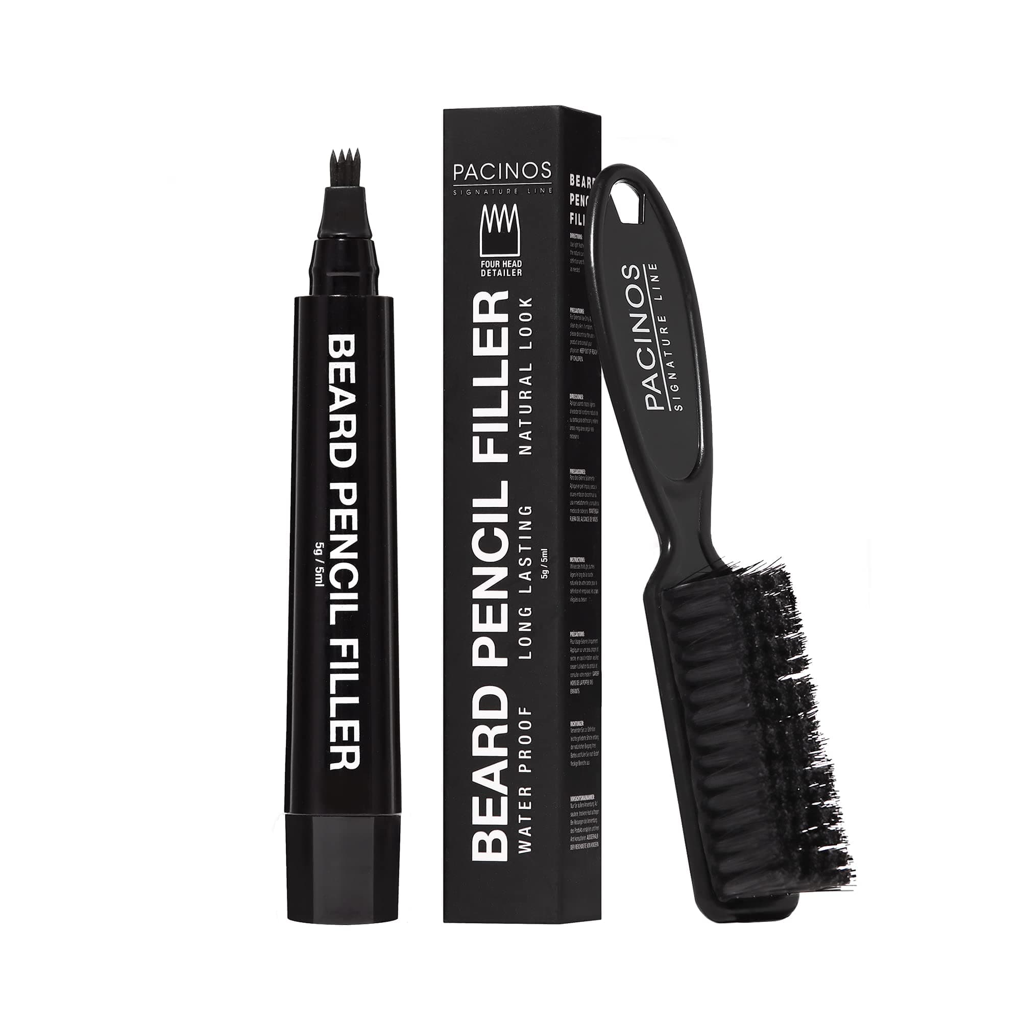 Beard Pencil Filler - Water Proof, Long Lasting Coverage & Natural Finish - Beard, Moustache & Eyebrows - Micro-Fork Tip for Seamless Application - Includes Bristle Brush for Blending (Black)