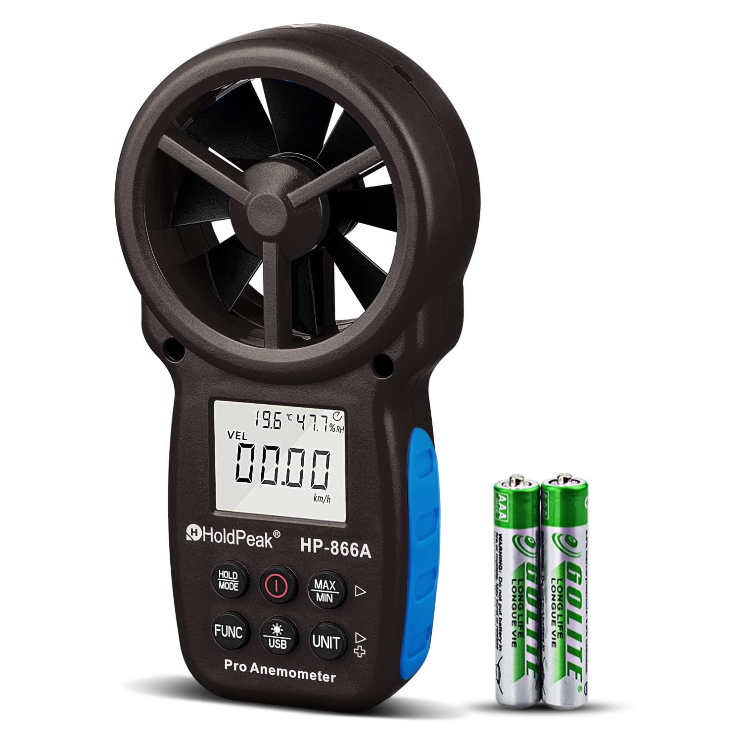 Holdpeak 866A Digital Anemometer - Wind Speed Meter Measures Wind Speed + Temperature + Wind flow with Data Hold & USB - The Most Accurate Anemometer Available! (Black)(CE,ISO,ROHS,GMC)