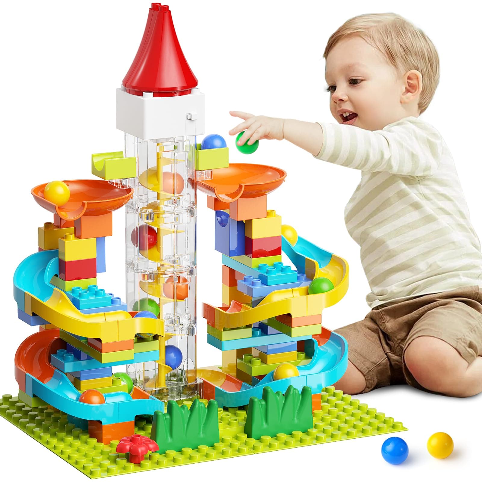Kid Marble Run Building Blocks with Elevator Spiral Lift - STEM Toy Bricks Marble Maze Race Track Set with Motorized Elevator, Big Blocks Educational STEM for 3 4 5 6 7 8 Year Old Boys Girls