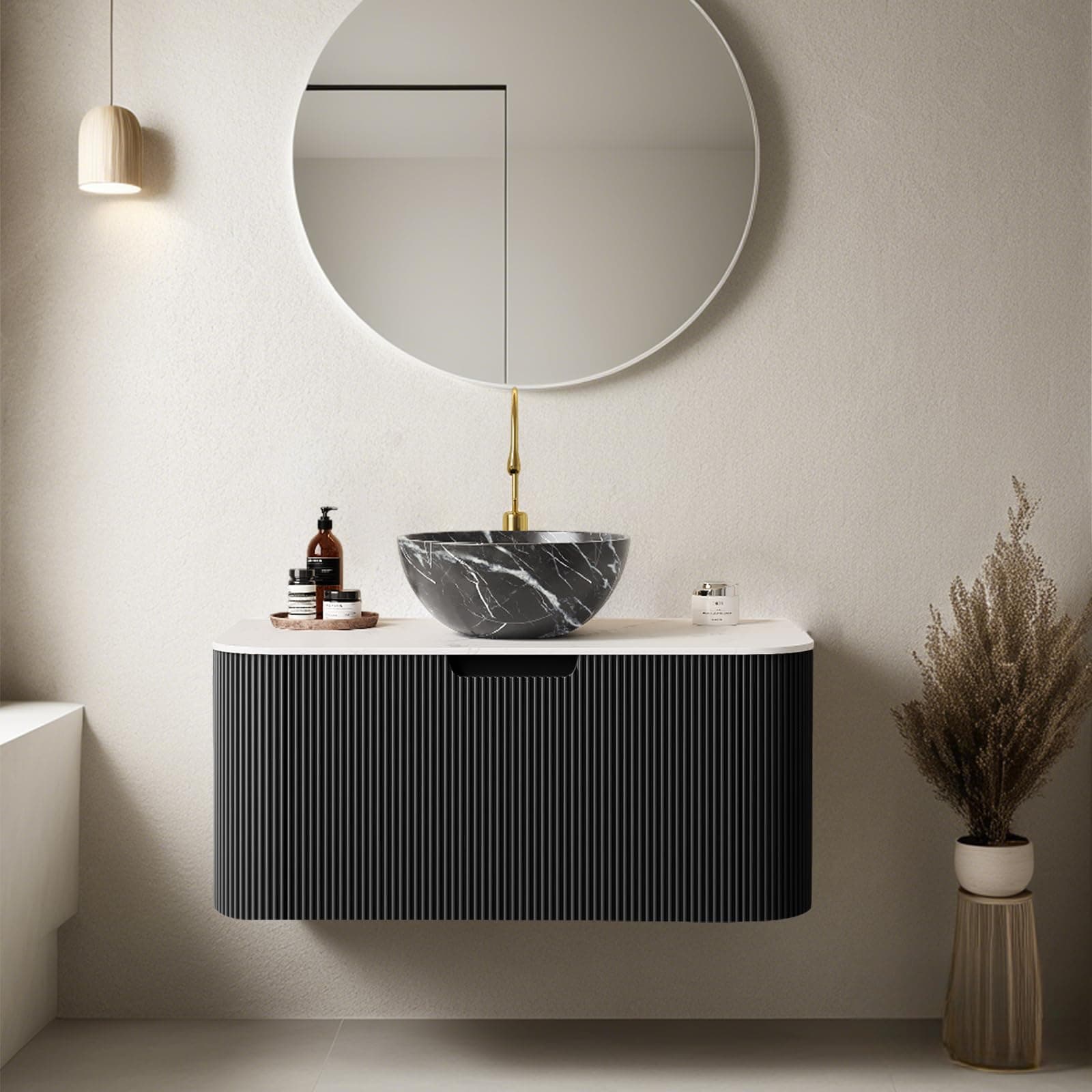 30" Floating Bathroom Vanity with Sink, Natural Solid Wood Modern Bathroom Vanities with Ultra-Thin Marble Sink and Countertop, Soft-Close Design, Pre-Assembled Cabinet, Black