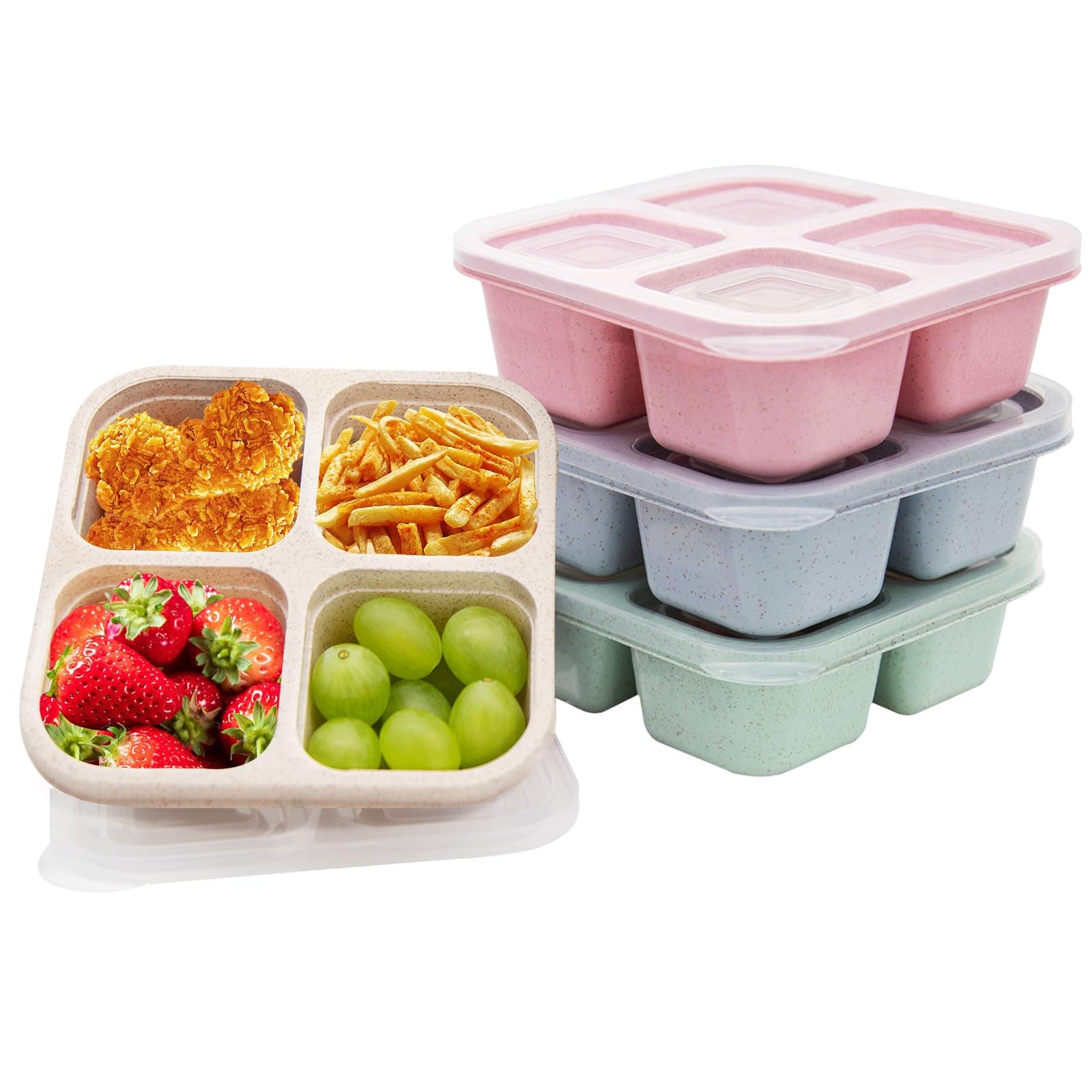 4 Pack Bento Lunch Box，4 Compartment Snack Containers，Divided Bento Snack Box，Meal Prep Containers Kids/Toddle/Adults,Food Storage Containers for School, Work and Travel