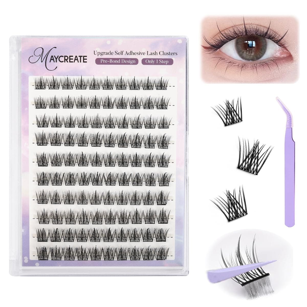 MAYCREATE® 100Pcs Self Adhesive Eyelashes, Self Adhesive Eyelash Clusters, Lash Cluster Press On Lashes Stick Cluster Lashes Pre Glued Eyelash Clusters with Tweezer No Glue Needed, 11-13mm