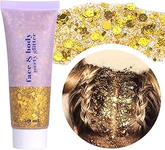 Paminify Gold Face Glitter Gel,Mardi Gras Outfit for Women,Music Festival Yellow Body Glitter Singer Concerts Hair Glitter Sequins,Mardi Gras Accessories Sparkling Carnival Rave Decorations,50ML