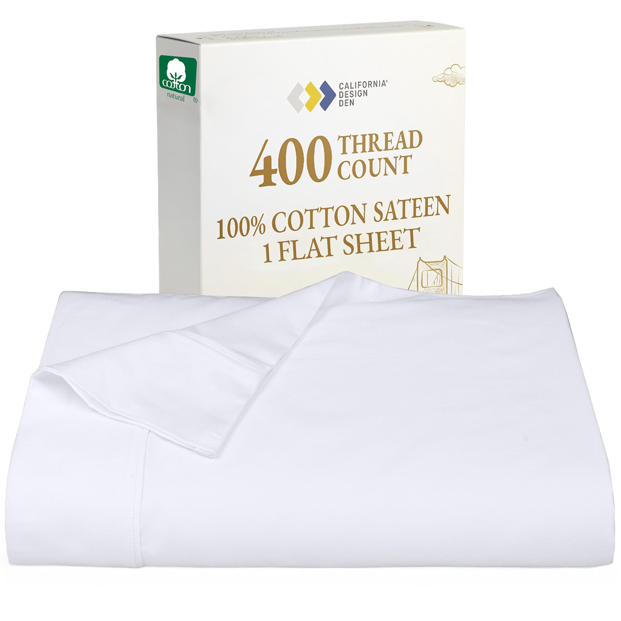 California Design Den White King Size Flat Sheet Soft & Durable, 100% Cotton, 400 Thread Count Sateen, Smooth & Breathable Top Sheet Only (Pure White)