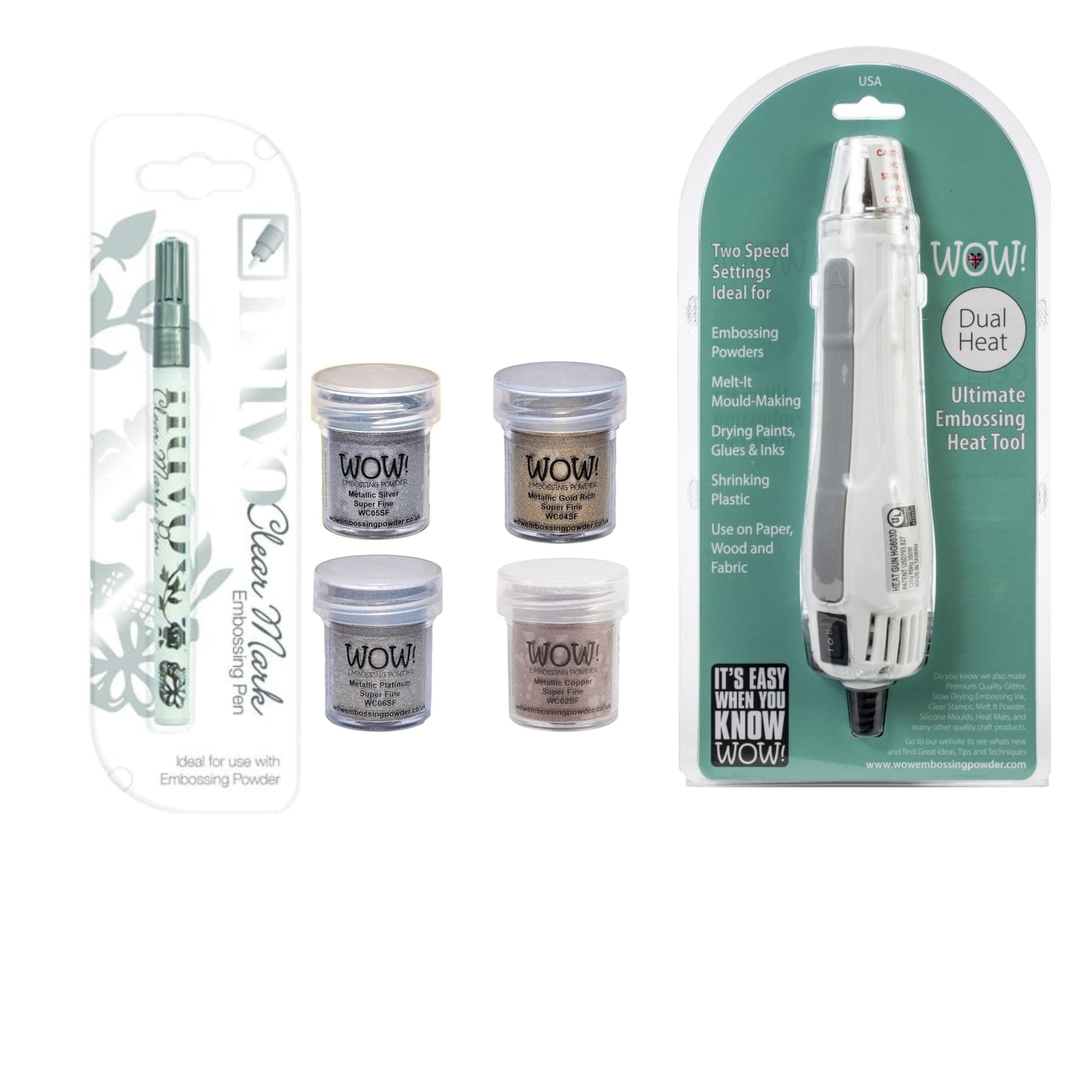 Embossing Starter Kit: Wow Heat Tool Machine, Emboss It Pen, Wow Gold, Silver, Platinum and Copper Powder Set