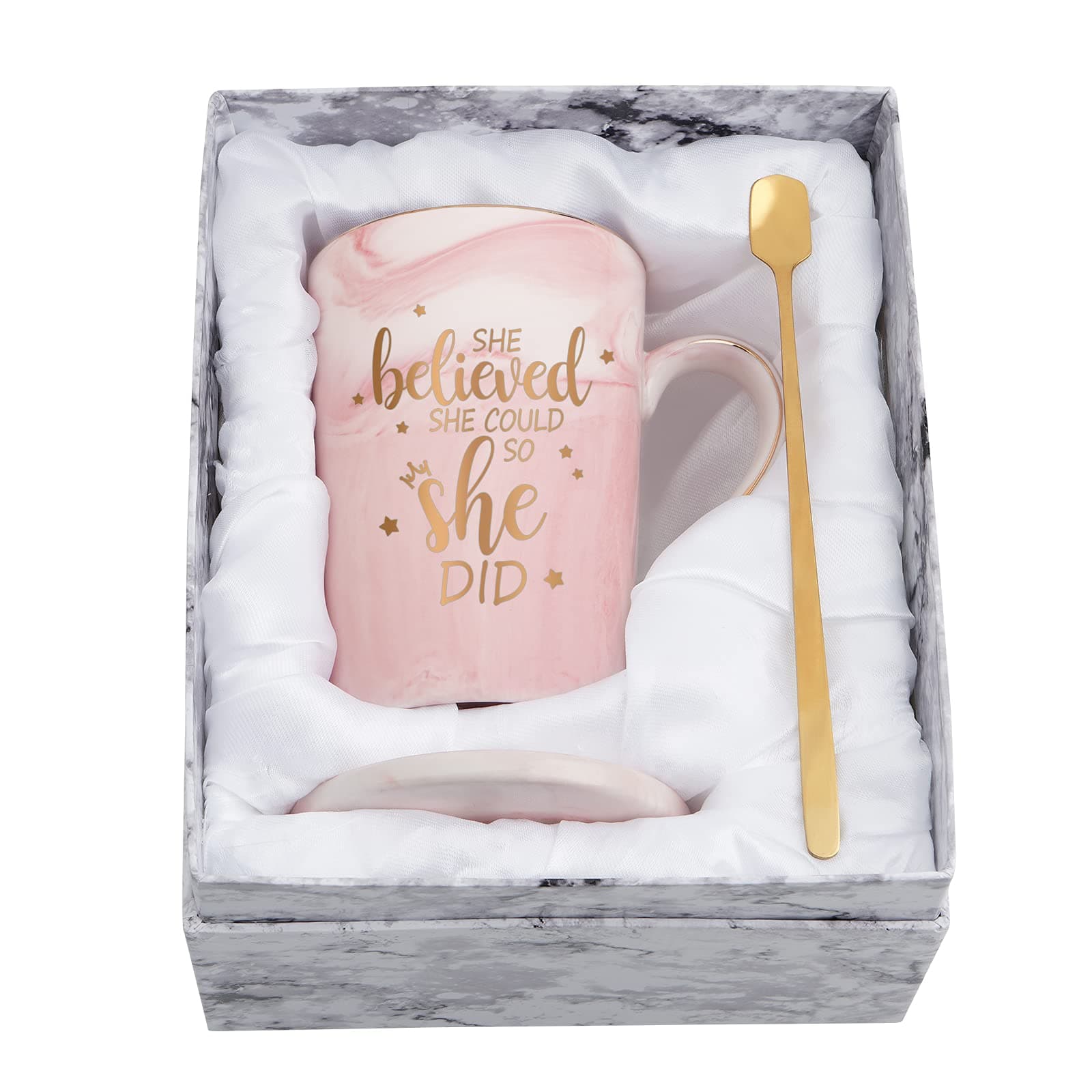 She believed She Could So She Did Mug, Graduation Gift for Her, Inspirational Spiritual Motivational Congratulations Gifts for Women, Gift for Mothers Day, Birthday, Christmas 14 Oz Pink Marble Mug