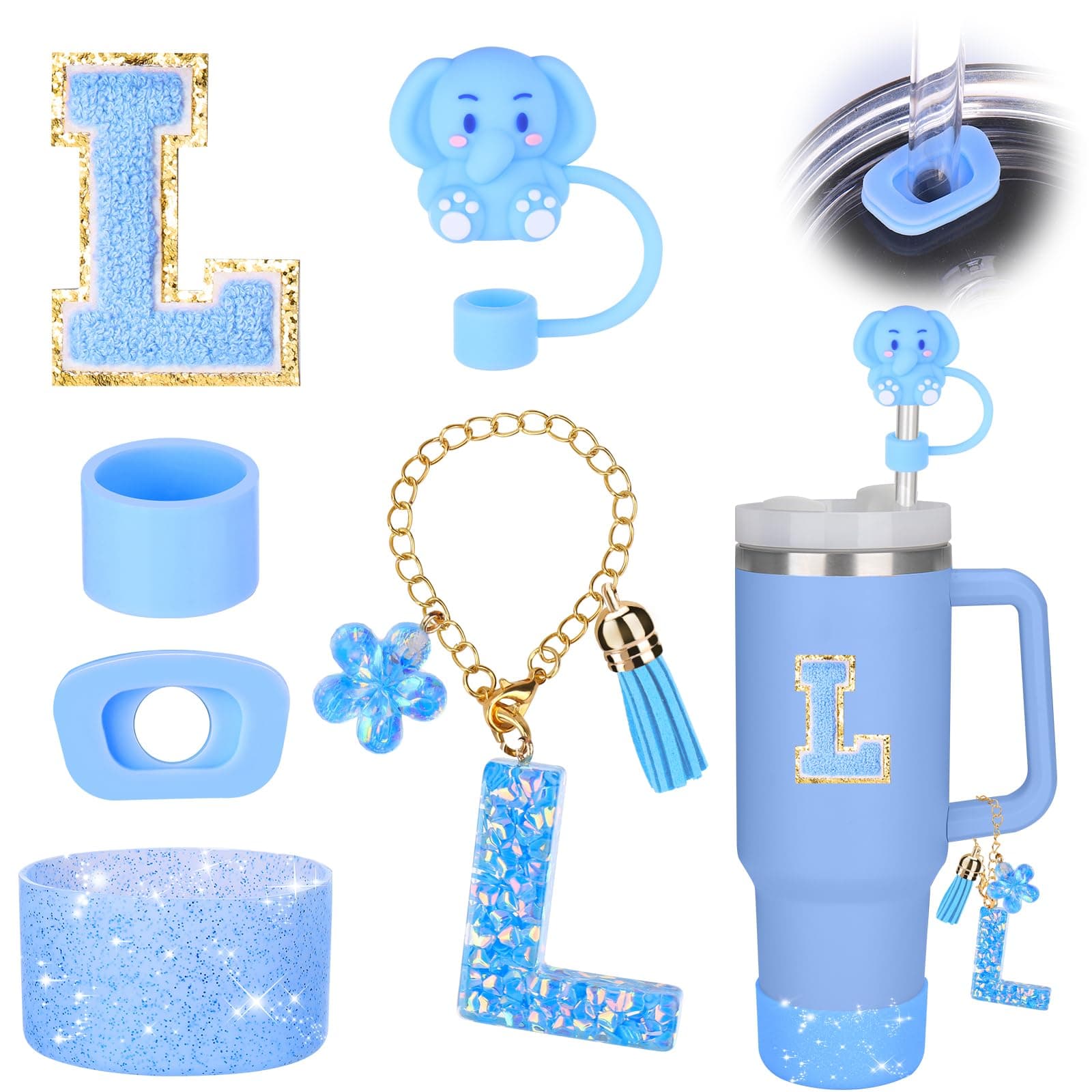 Cup Accessories Set for stanley 30 oz 40 oz tumbler with handle, Including Initials Charms, Straw Cover Cap, Boot, Sticker, Silicone Spill Proof Stopper,Blue Decorate for Boy Girl (Letter L)