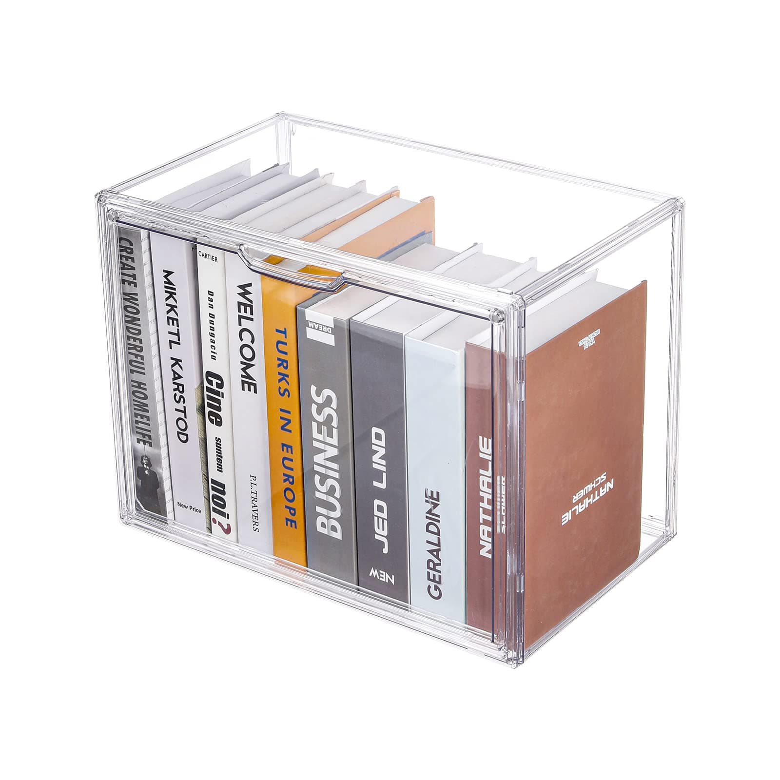 FABROK Clear Book Storage Organizer Box, Plastic Stackable Book Display Case with Magnetic Door, Assemble Storage Showcase for Toy Dolls, Books, Handbags, Shoes Organizing