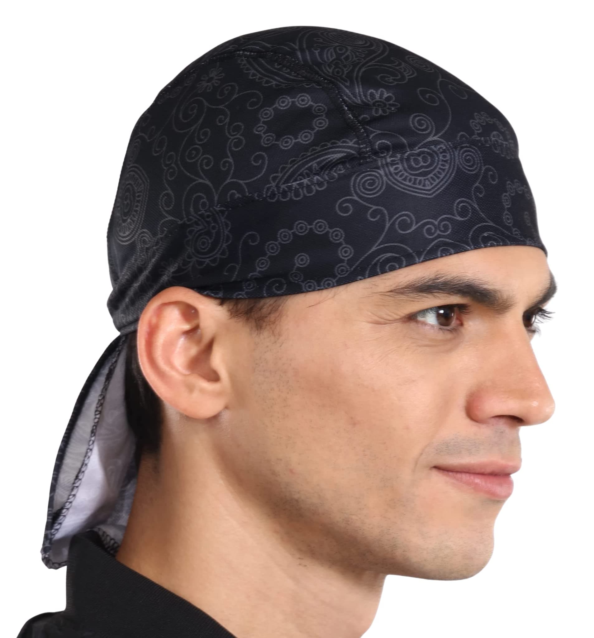Cooling Helmet Liner - Do Rag Skull Cap for Men - Cooling Head Wrap, Hard Hat Liner - Motorcycle Pirate Bandana, Paisley - Black, One Size