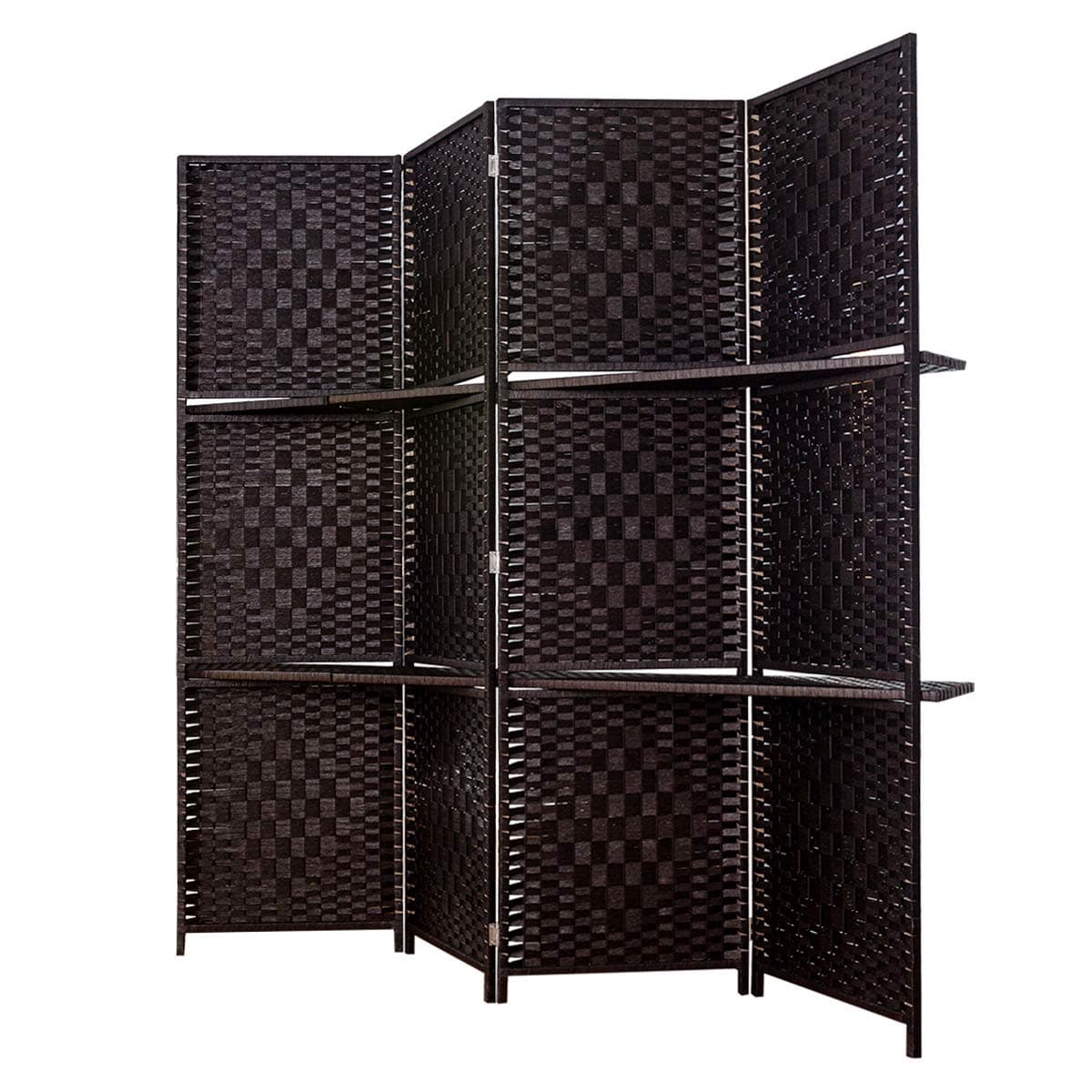 TinyTimes 6 FT Tall Room Divider with Removable Storage Shelves, 4 Panel Weave Fiber Extra Wide Room Divider, Room Dividers & Folding Screens, Freestanding - Dark Brown, 4 Panel