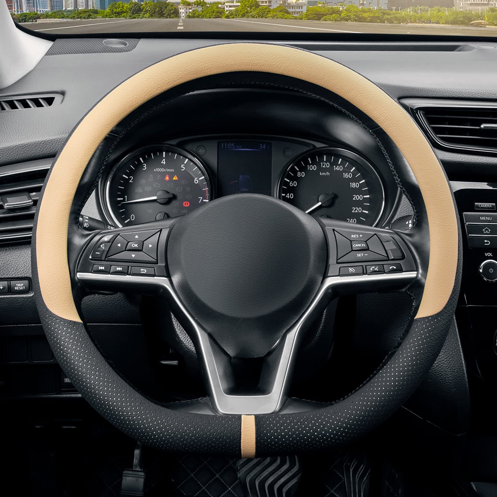 SEG Direct Flat Bottom Steering Wheel Cover Breathable, D Shaped Car Wheel Cover 14 1/2-15 in. (37-39 cm), Black Gray Microfiber Leather