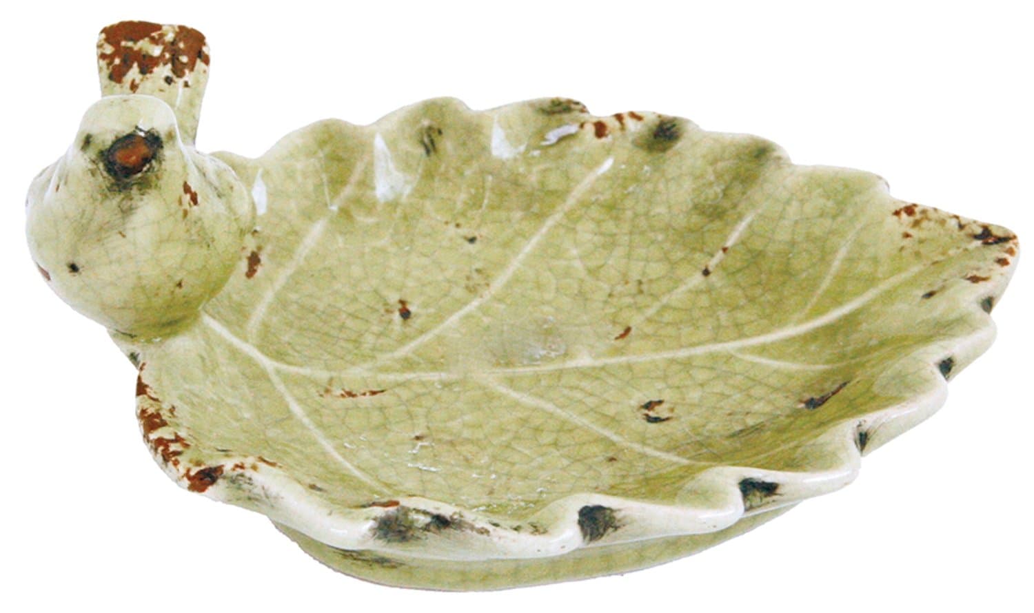 Leaf Shaped Tray Dish with Bird Tabletop Decor 6 Inches Ceramic Distressed