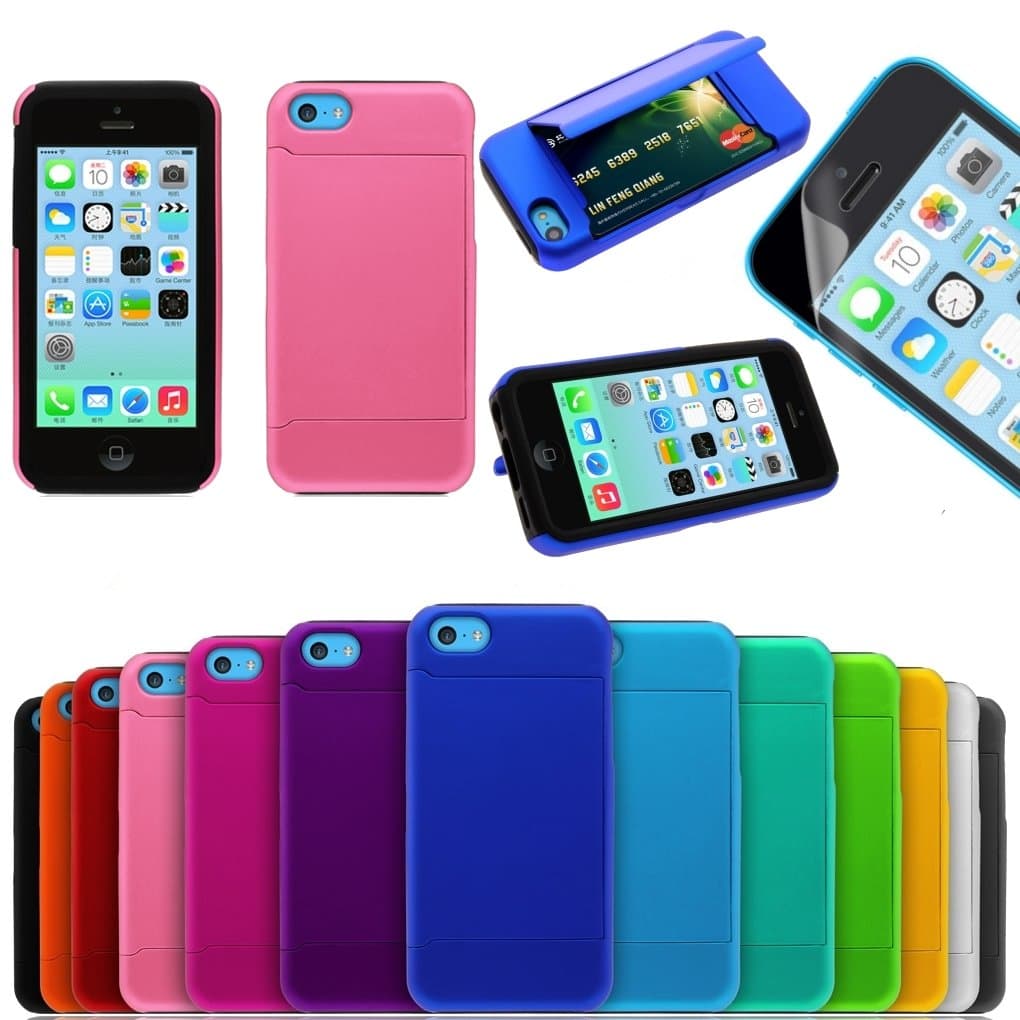 iPhone 5c Case, iPhone 5c Wallet Case, Dual Layer Armor Hybrid Shockproof Hard Plastic with Silicone Wallet Credit Card Stand Case with Screen Protector for Iphone 5c (Light Pink)