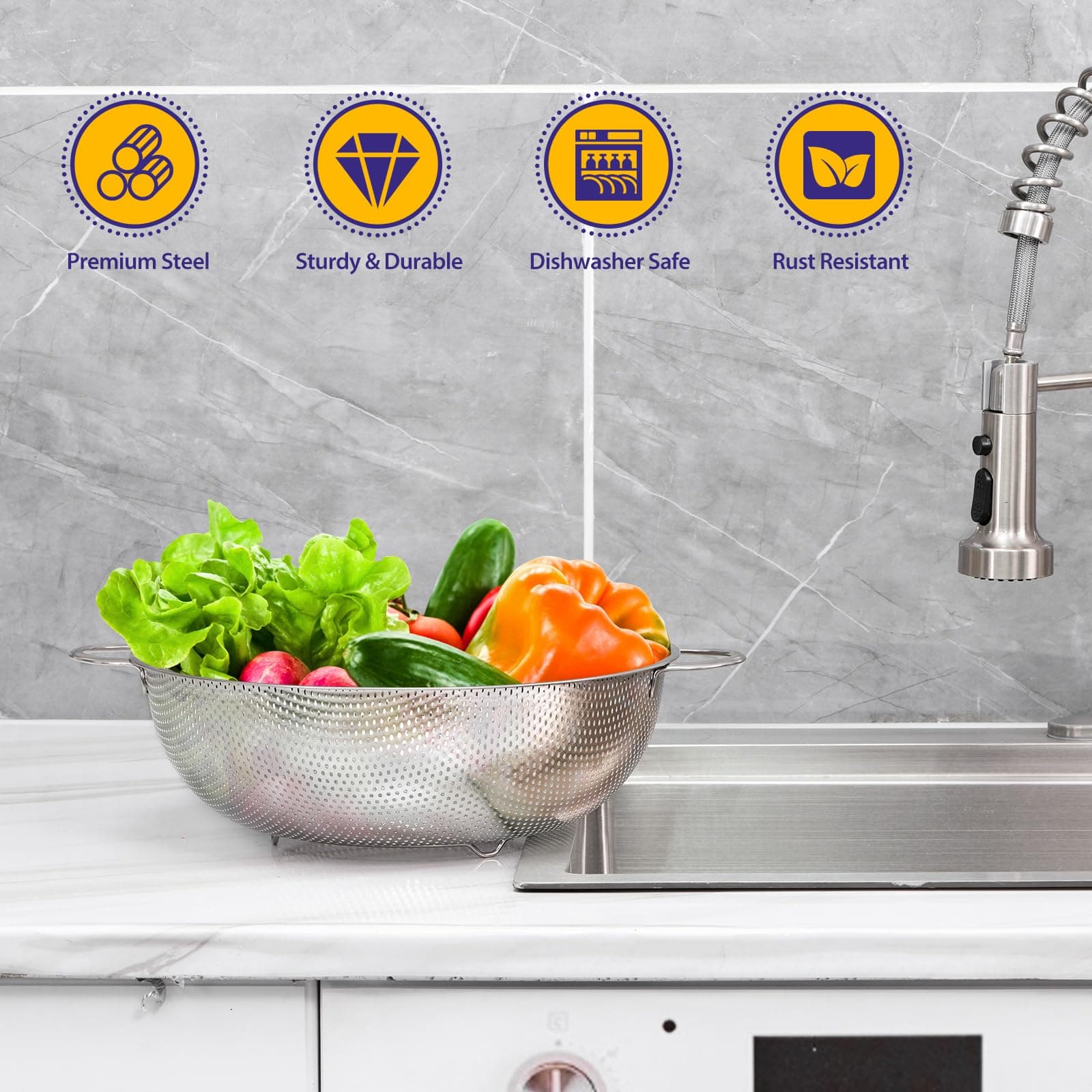 E-far 5-Quart Stainless Steel Colander, Micro-Perforated Metal Colander Strainer with Handle for Kitchen/Draining Pasta/Rinsing Vegetables Fruits, Heavy Duty & Dishwasher Safe - 11 Inches, EF-STC135