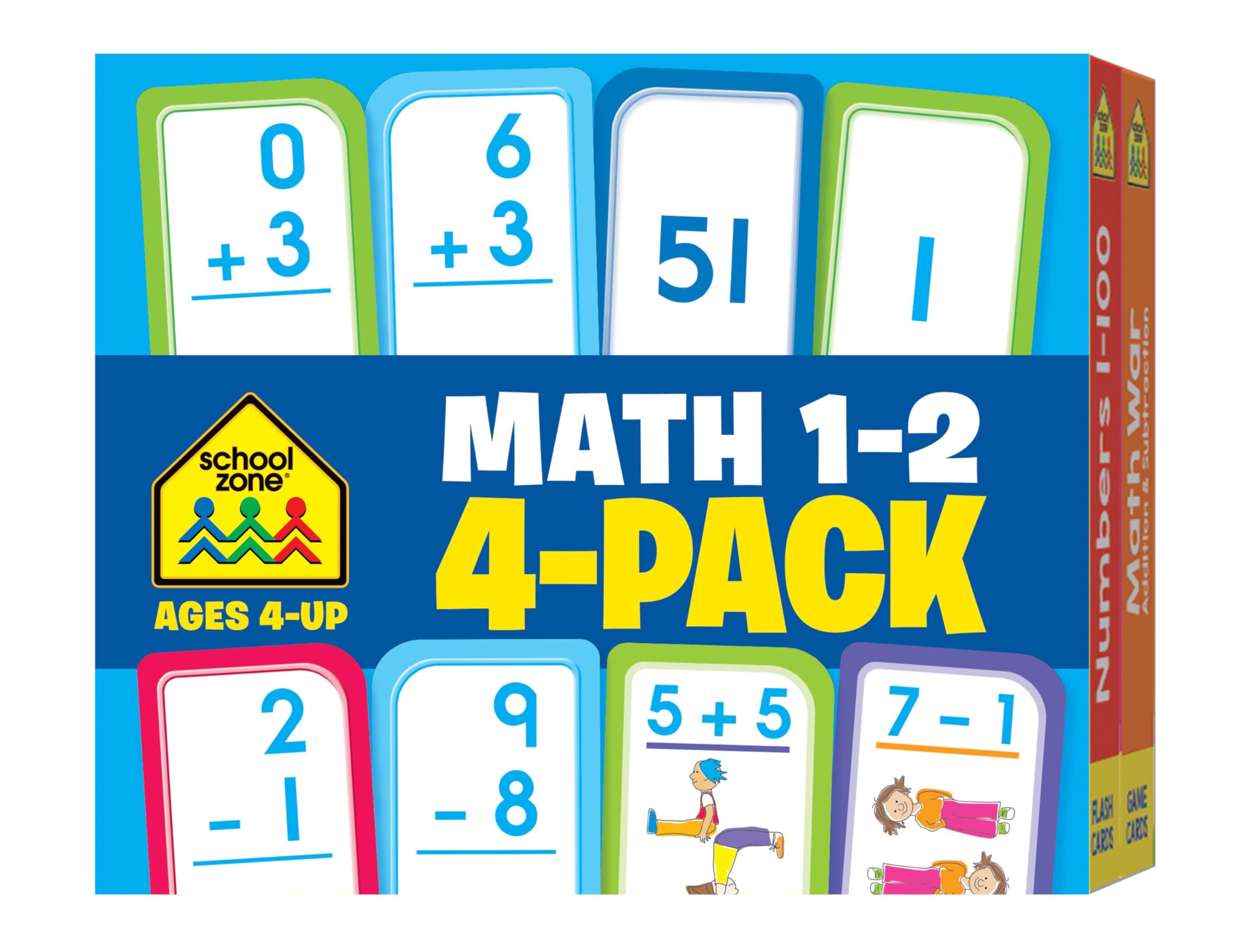 School Zone Math 1-2 4-Pack Flash Cards: 224 Cards, 1st Grade, 2nd Grade, Addition 0-12, Subtraction 0-12, Numbers 1-100, Math War Card Game, Numerical Order, Skip Counting, Ages 4+