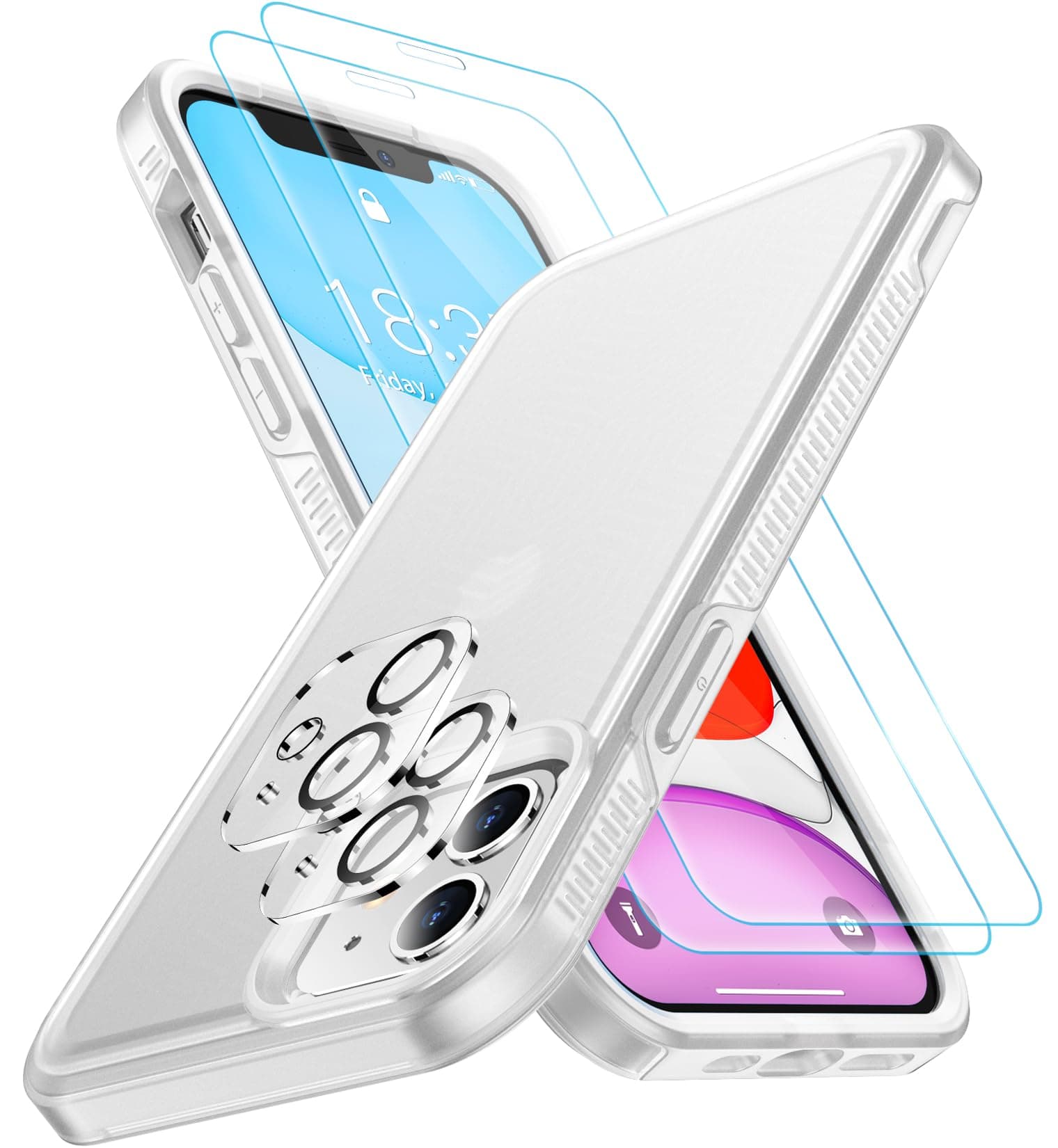 SPIDERCASE Shockproof for iPhone 11 Case,[10 FT Military Grade Drop Protection],Phone Charms with 2 pcs[Tempered Glass Screen Protector+Camera Lens Protector] Protective Phone Case,Frosted Clear