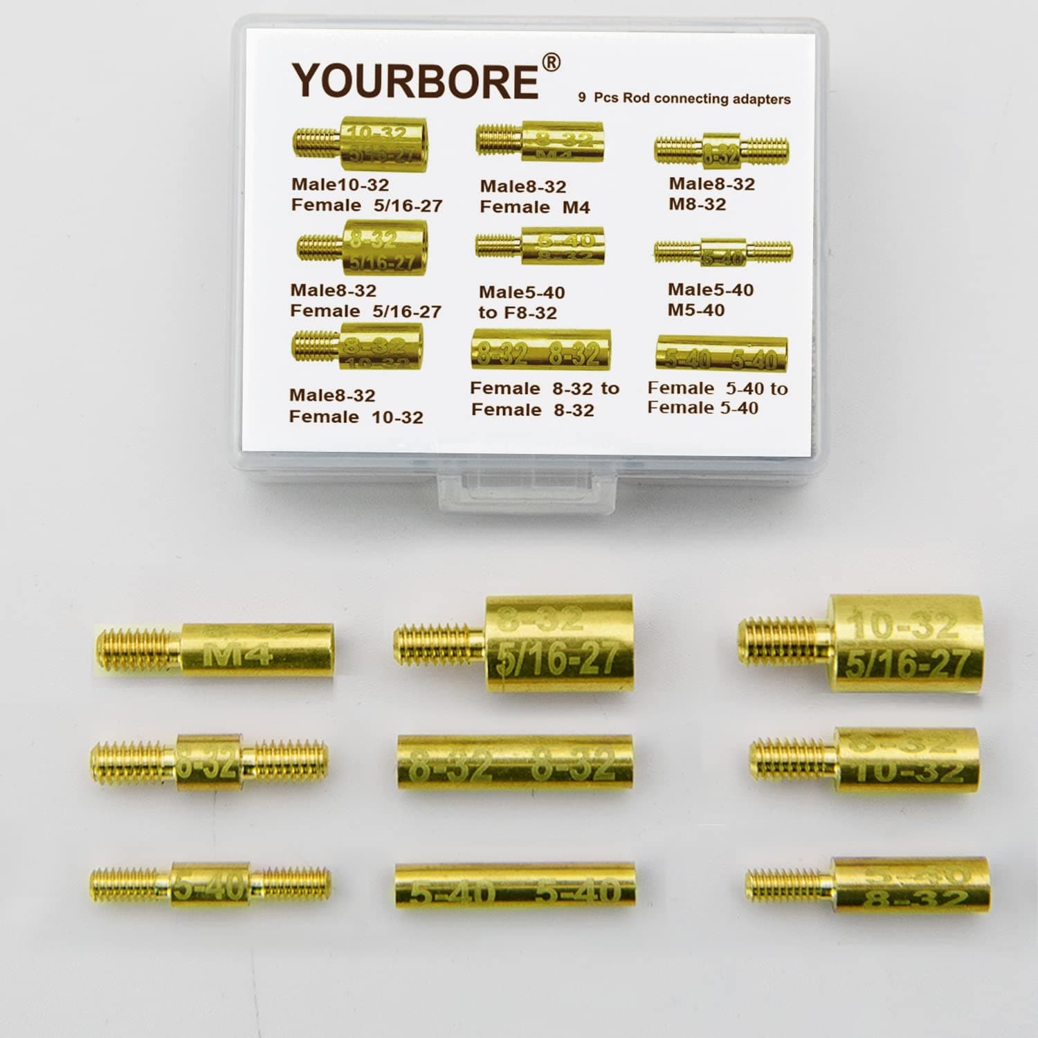 Gun Cleaning Rod Fitting adapters 9 pcs Pack 5-40 8-32 10-32 5/16-27 M4 Threads in Male or Female