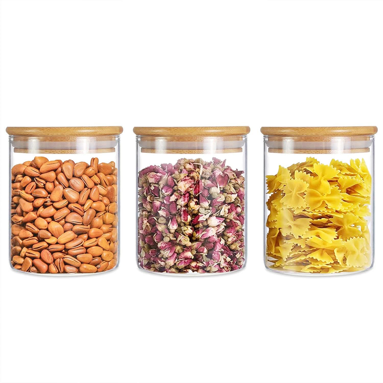 – TAPIT Glass Food Storage Containers Set,Spice Jar Set,3 Piece Glass Jar with Bamboo Airtight Lids and Labels, Mini Clear Food Storage Containers for Pantry for Tea, Herbs, Sugar… (3PC, 700ml)