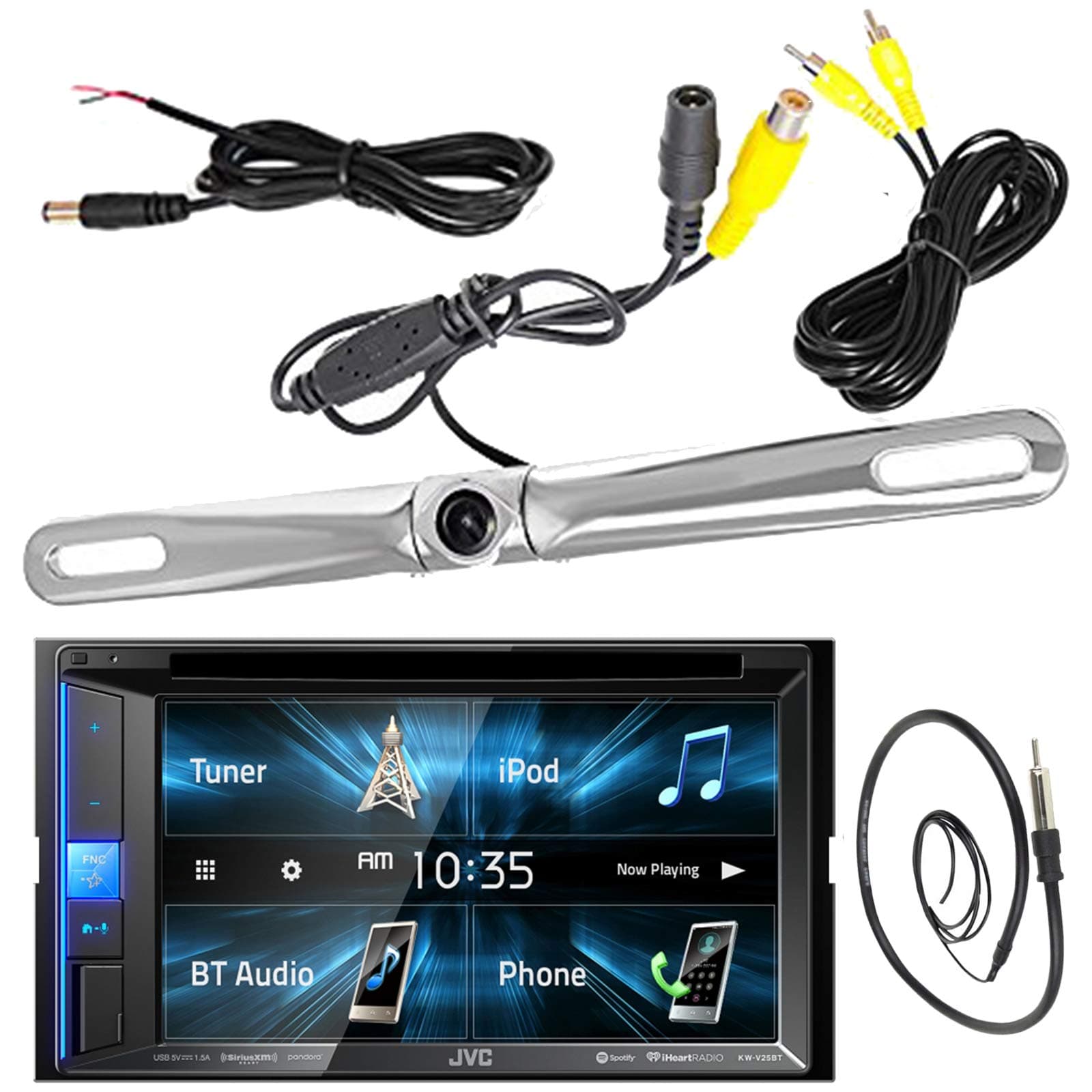 Double DIN DVD CD AM/FM Bluetooth Stereo w/ 6.2" Touchscreen Bundle Combo With License Plate Mount Rear View Colored Backup Parking Camera, 22" AM/FM Radio Antenna