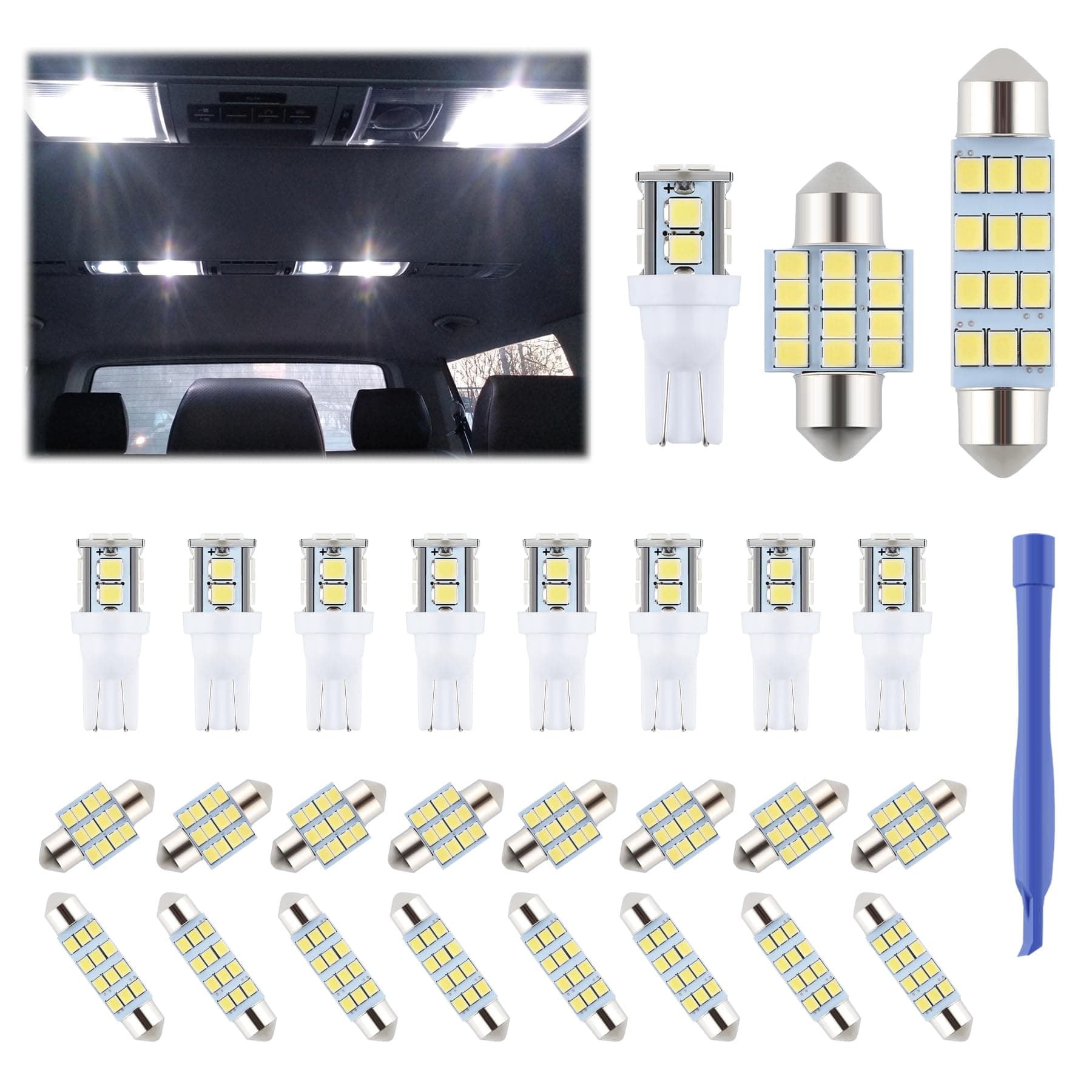 24 Pieces Dome Light LED Car Interior Bulb Kit Set 194 T10 DE3175 578 31mm 42mm Bulbs Interior Replacement Lights for Car Map License Plate Door Side Marker Cornering Trunk Light - White