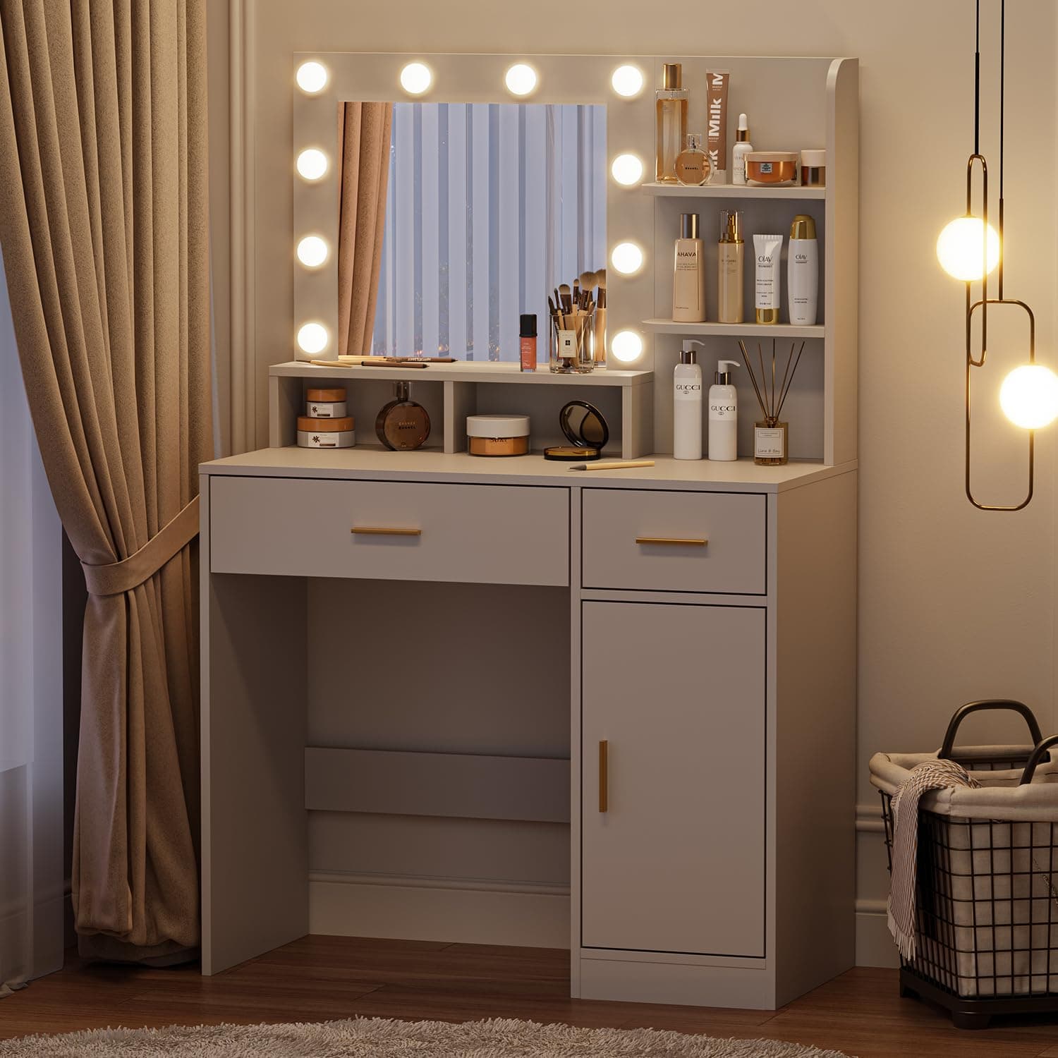 OTDMEL Makeup Vanity Desk, Vanity Table with Mirror & Lights, 35" W Vanity Set with 2 Drawers & Shelves Cabinet,3 Color Modes & Adjustable Brightness Dressing Table for Bedroom, Yellow