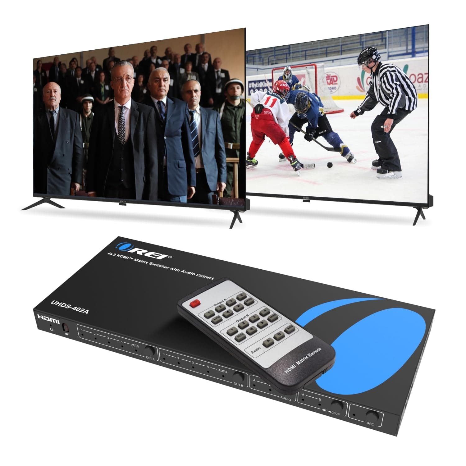 – 4K HDMI Matrix Switch 4 X 2, Switcher 18G UltraHD with Arc Supports Upto 4K @ 60Hz & 1080P IR Audio Extractor Arc EDID HDCP 2.- Remote Control - Full Matrix Selection