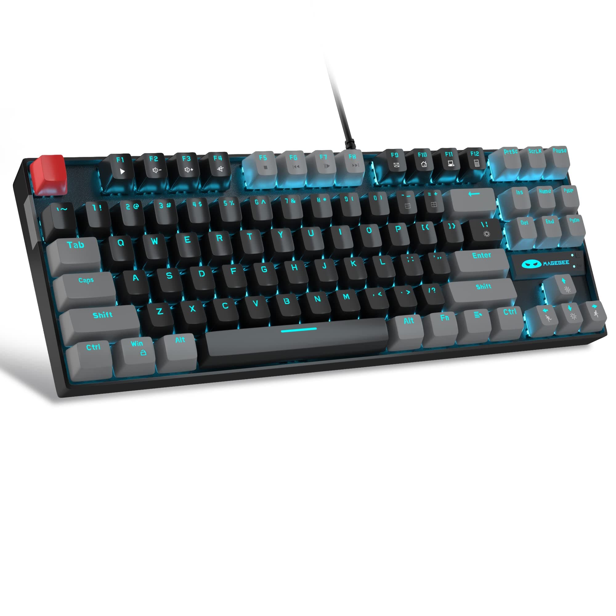 75% Mechanical Gaming Keyboard, Red Switch, LED Blue Backlit, 87 Keys Compact TKL Wired Computer Keyboards for Windows Laptop PC Gamer - Black/Grey